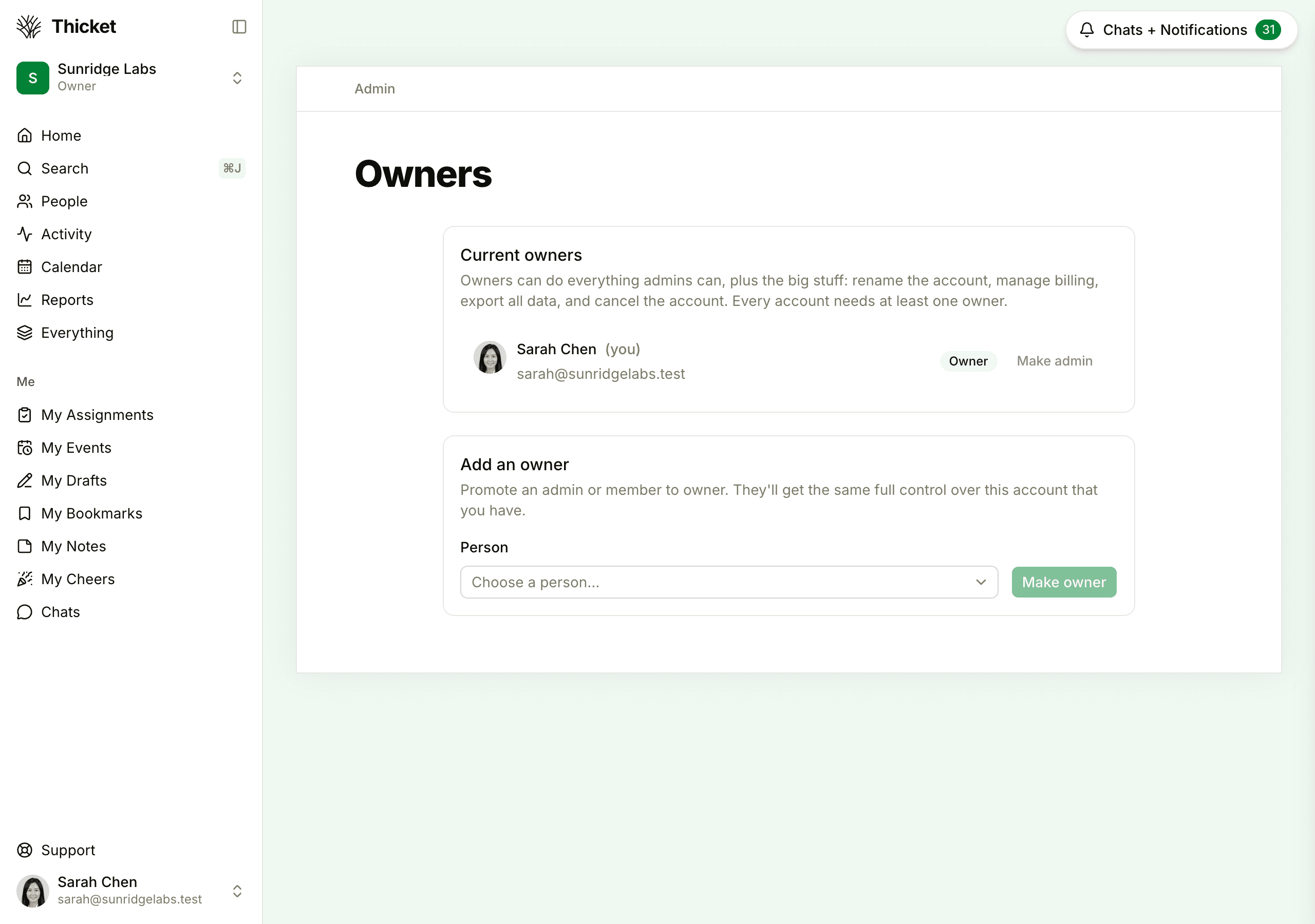 The Account owners page, listing the current owners with a Make admin button next to each, and an Add an owner card with a Person menu and a Make owner button