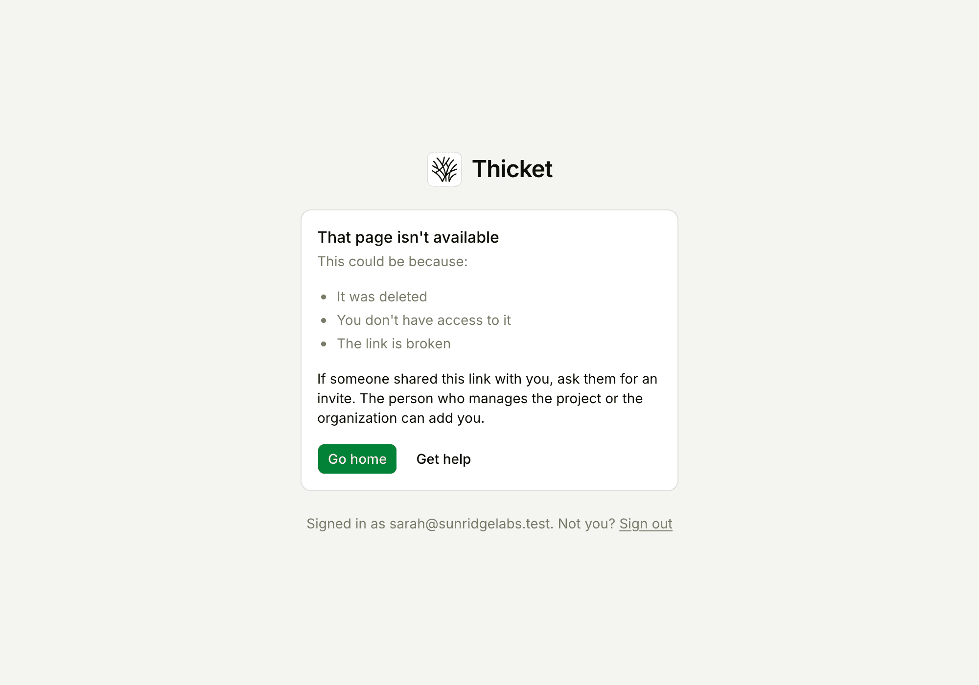 The That page isn't available page, listing the reasons: it was deleted, you don't have access to it, or the link is broken, with the Go home and Get help buttons and the line showing who is signed in