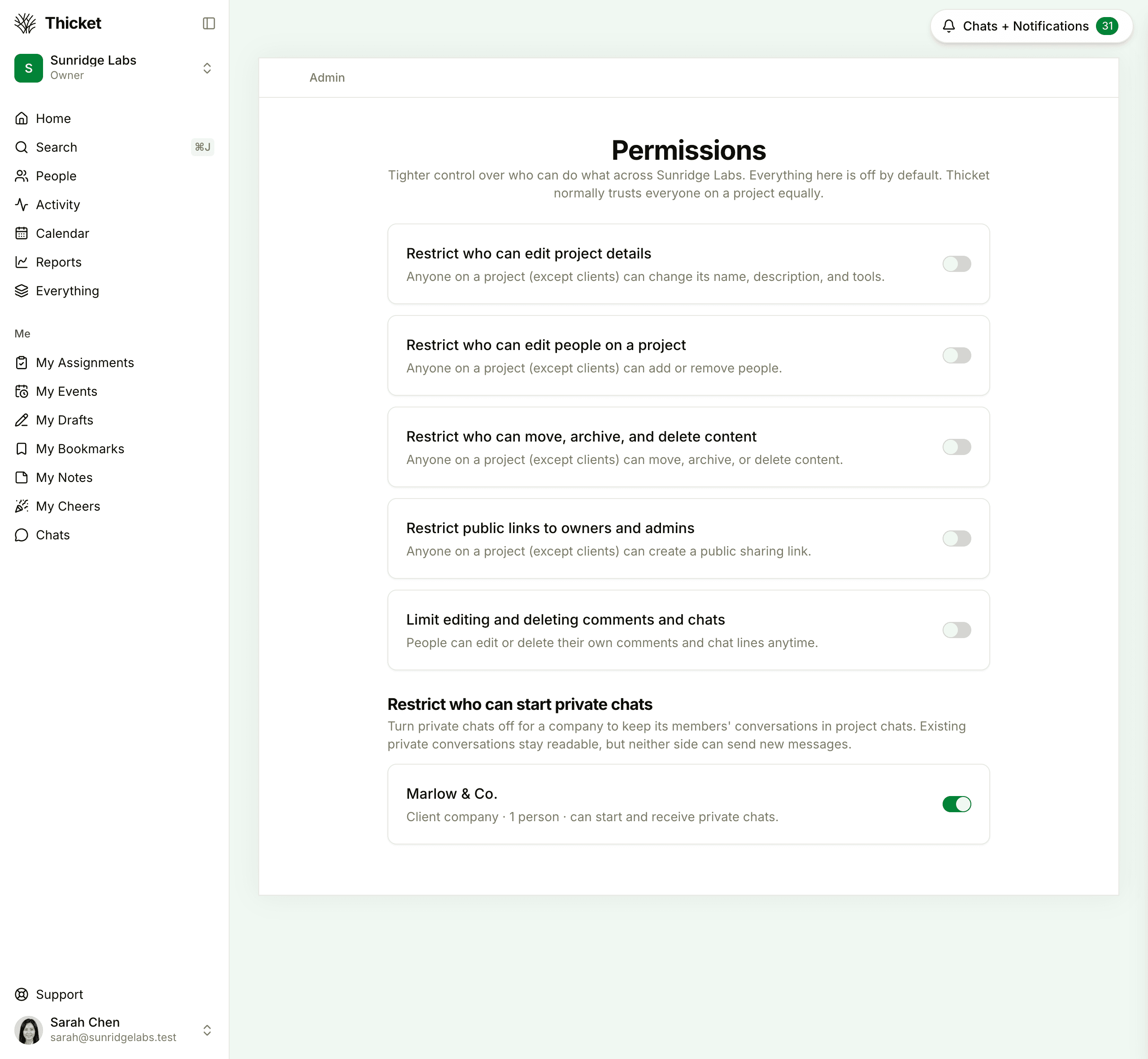 The Permissions page in Admin, with the five restriction switches and the private chat switch for the Marlow & Co. company