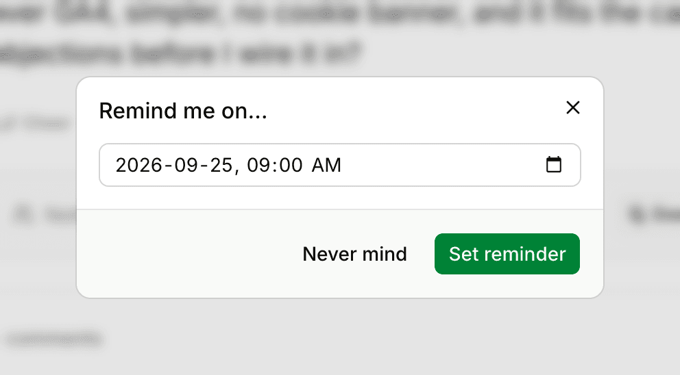 The Remind me on… dialog, with a date and time field and the Set reminder button