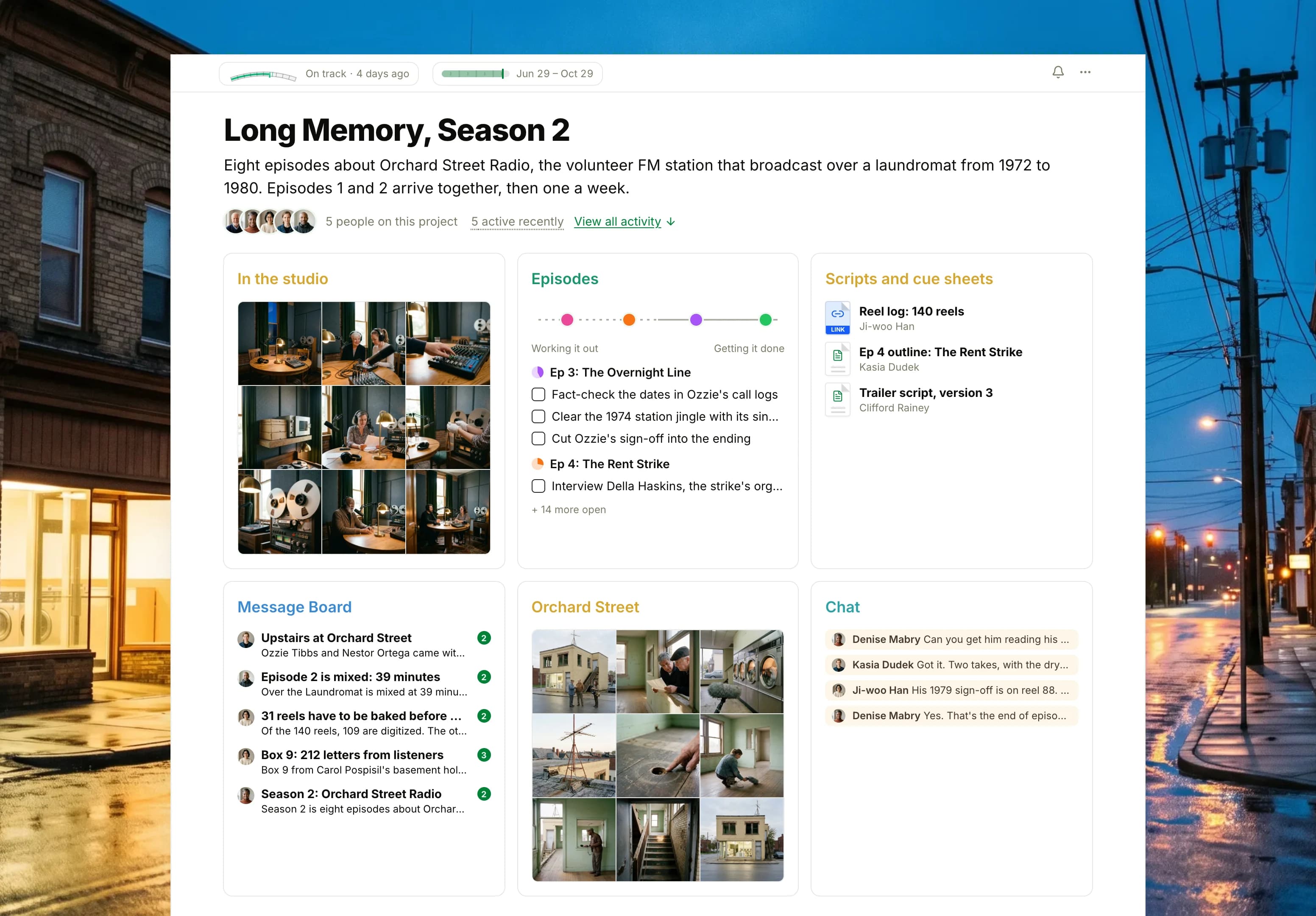 The Long Memory, Season 2 project in Thicket over a photograph of a city street of brick storefronts at blue hour: the health flag reading On track, the season dates and five people, then six cards: In the studio as nine photographs of interviews and tape in the studio, Episodes with four episode lists on the progress chart, Scripts and cue sheets with the reel log, the episode 4 outline and the trailer script, the Message Board with the visit to the old station on top, Orchard Street as nine photographs of the old station's rooms over a laundromat, and Chat with the crew recording a sign-off.