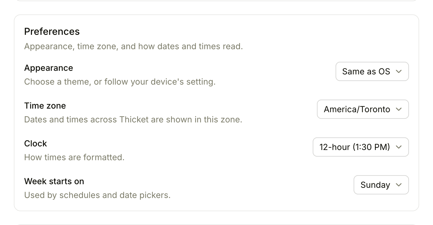 The Preferences section of My settings, with Appearance, Time zone, Clock, and Week starts on