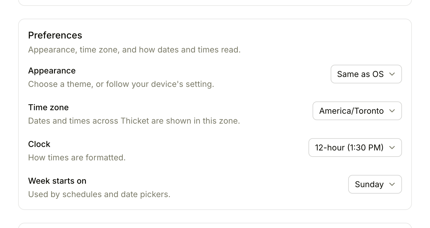 The Preferences section of My settings, with the Appearance, Time zone, Clock, and Week starts on settings
