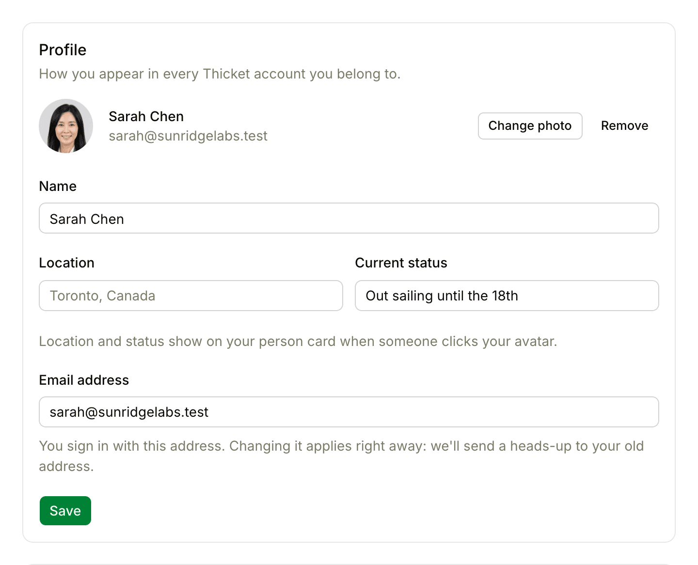 The Profile section of My settings, headed How you appear in every Thicket account you belong to, with the photo, Name, Location, Current status, and Email address fields and the Save button