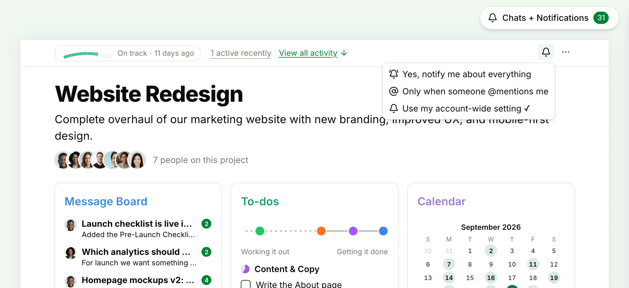 The project bell menu open on a project page, with the three notification choices