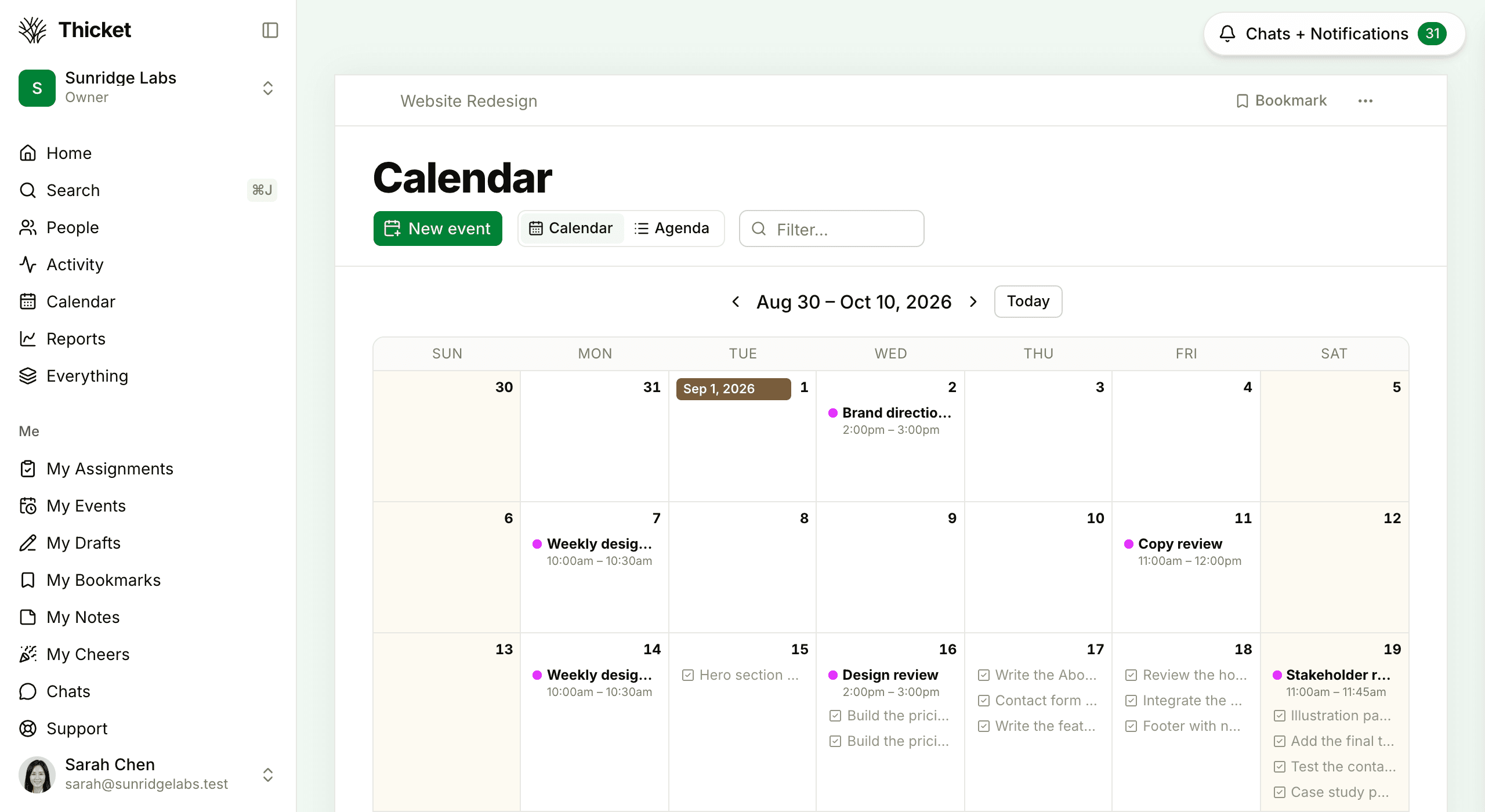 A project calendar in the grid view showing three weeks, with timed events and due to-dos on their days and the New event, Calendar, Agenda, and Filter controls above.