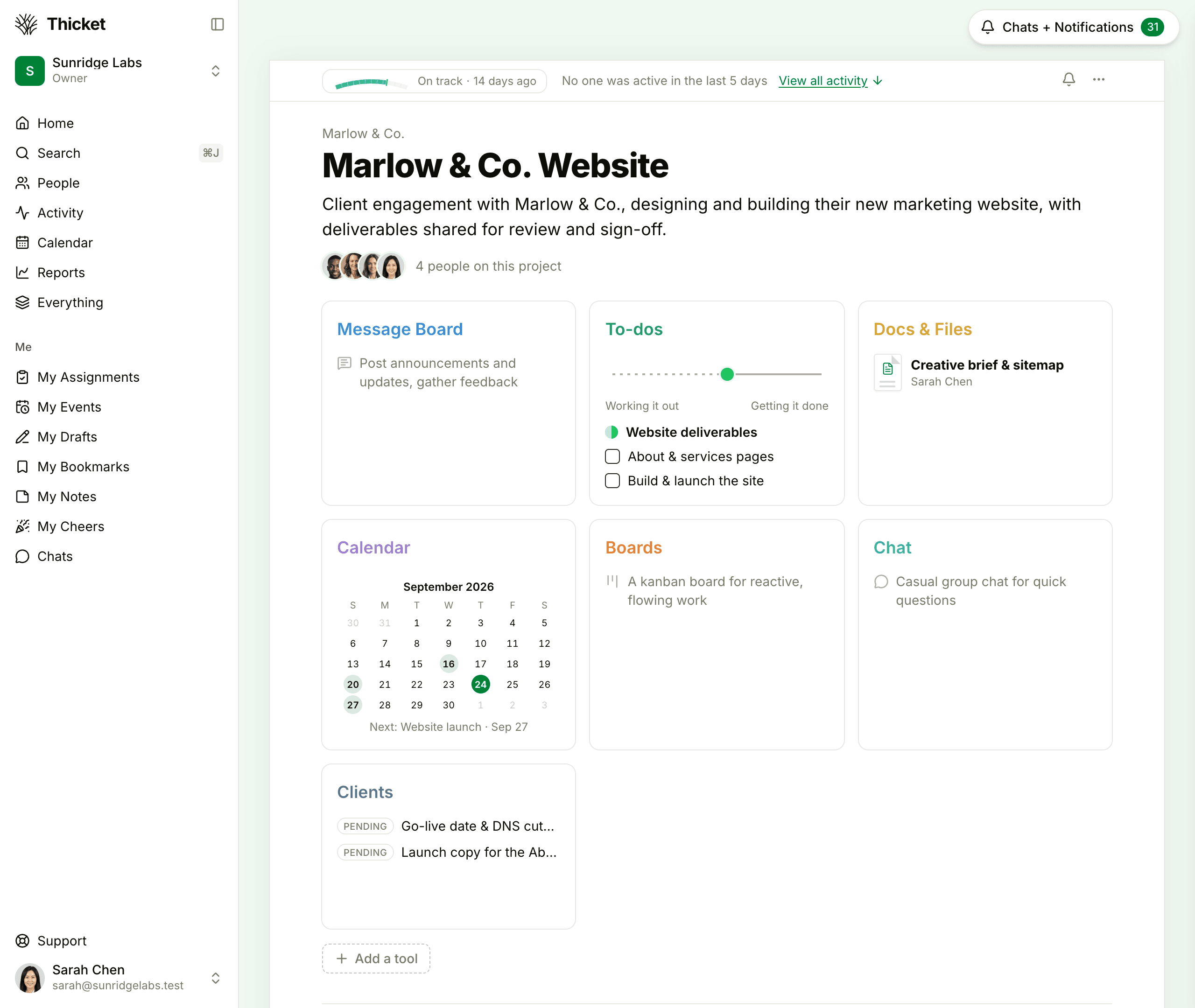 The Marlow & Co. Website project, with the client company name above the title and a Clients tool among the project's tools