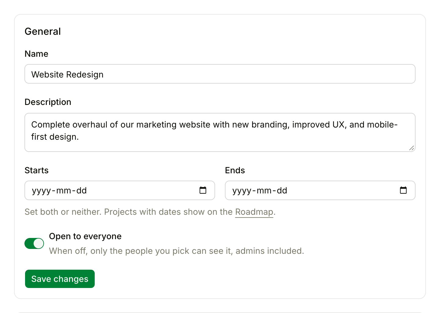 The General section of Project settings, with the Starts and Ends date fields below the project's name and description