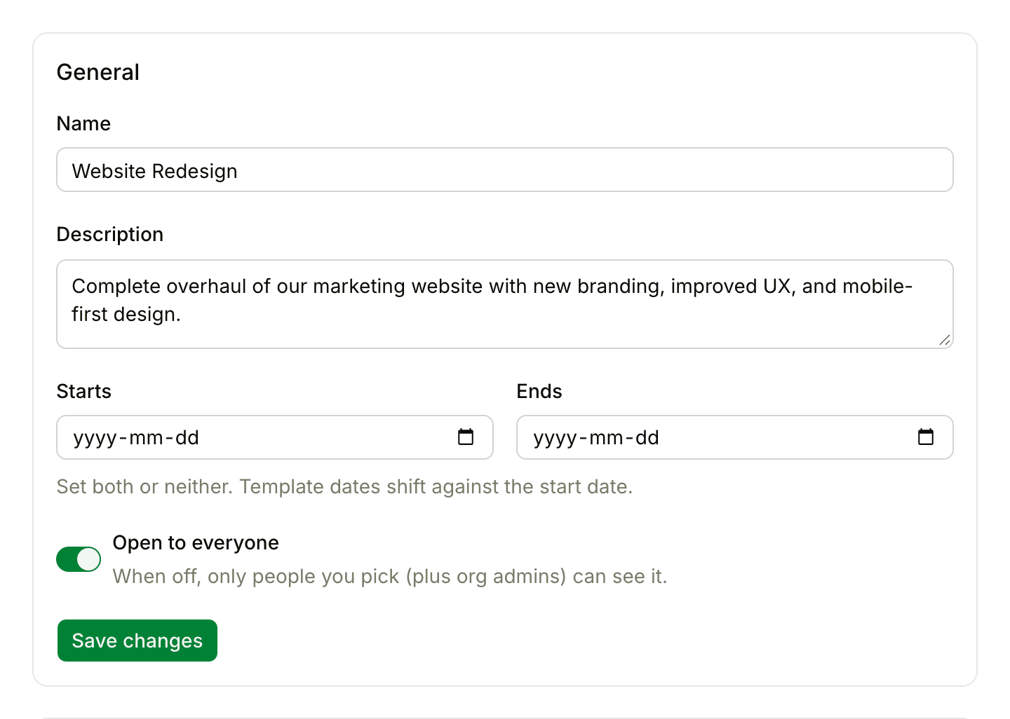 The General section of Project settings, with the Starts and Ends date fields below the project's name and description