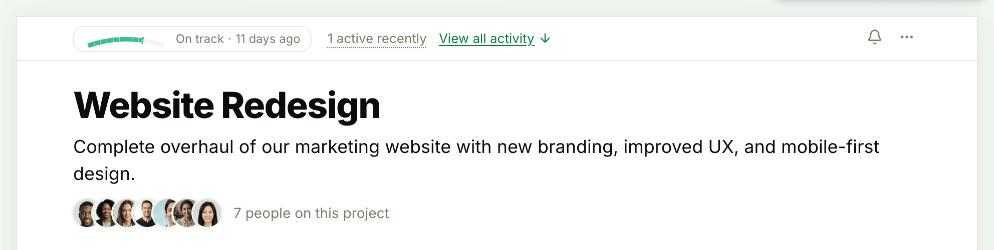 The top of a project's page, with the health gauge reading On track and 11 days ago above the project's name