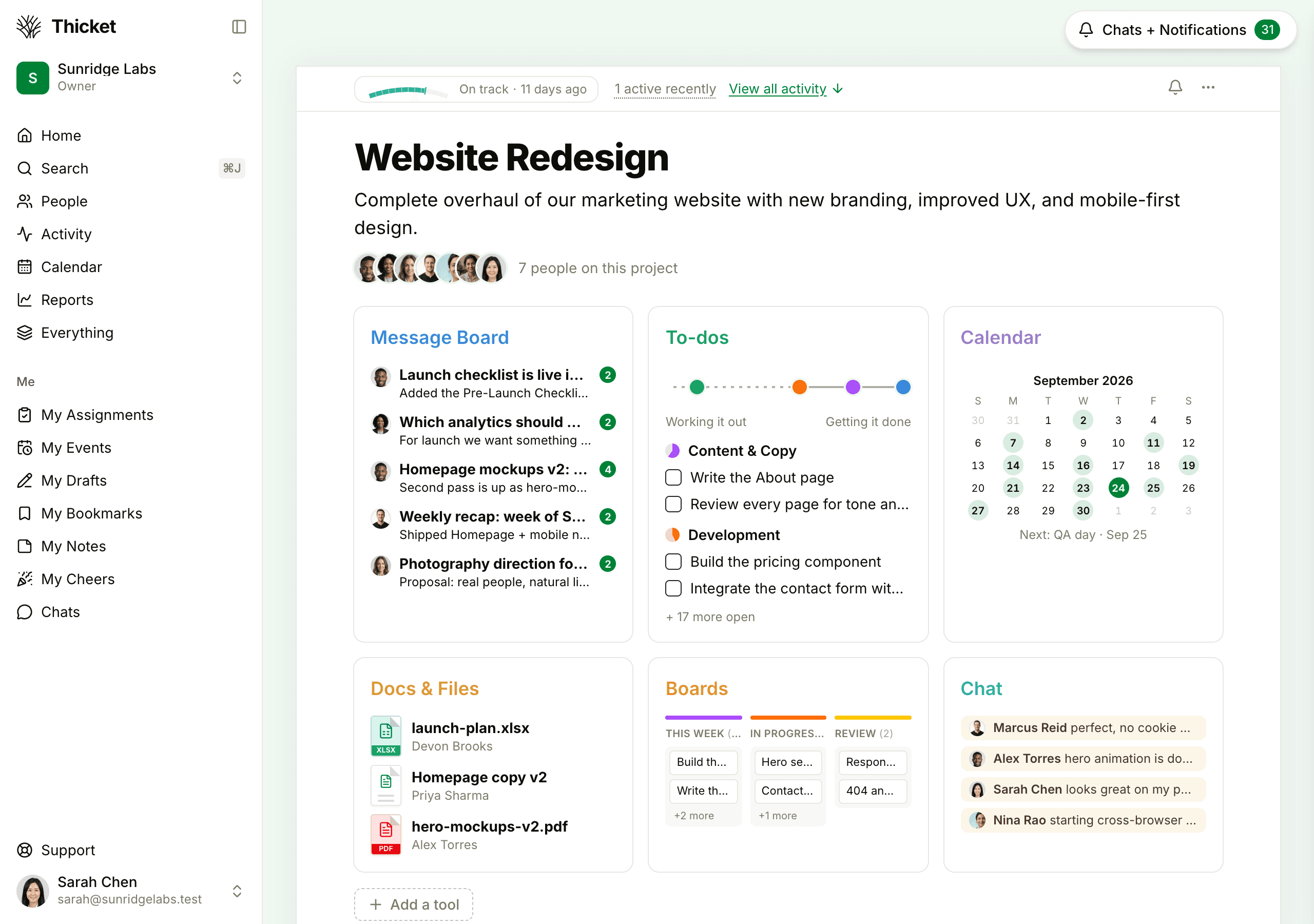 The Website Redesign project, with its Message Board, To-dos, Calendar, Docs & Files, Boards and Chat tools, and the Add a tool button below them