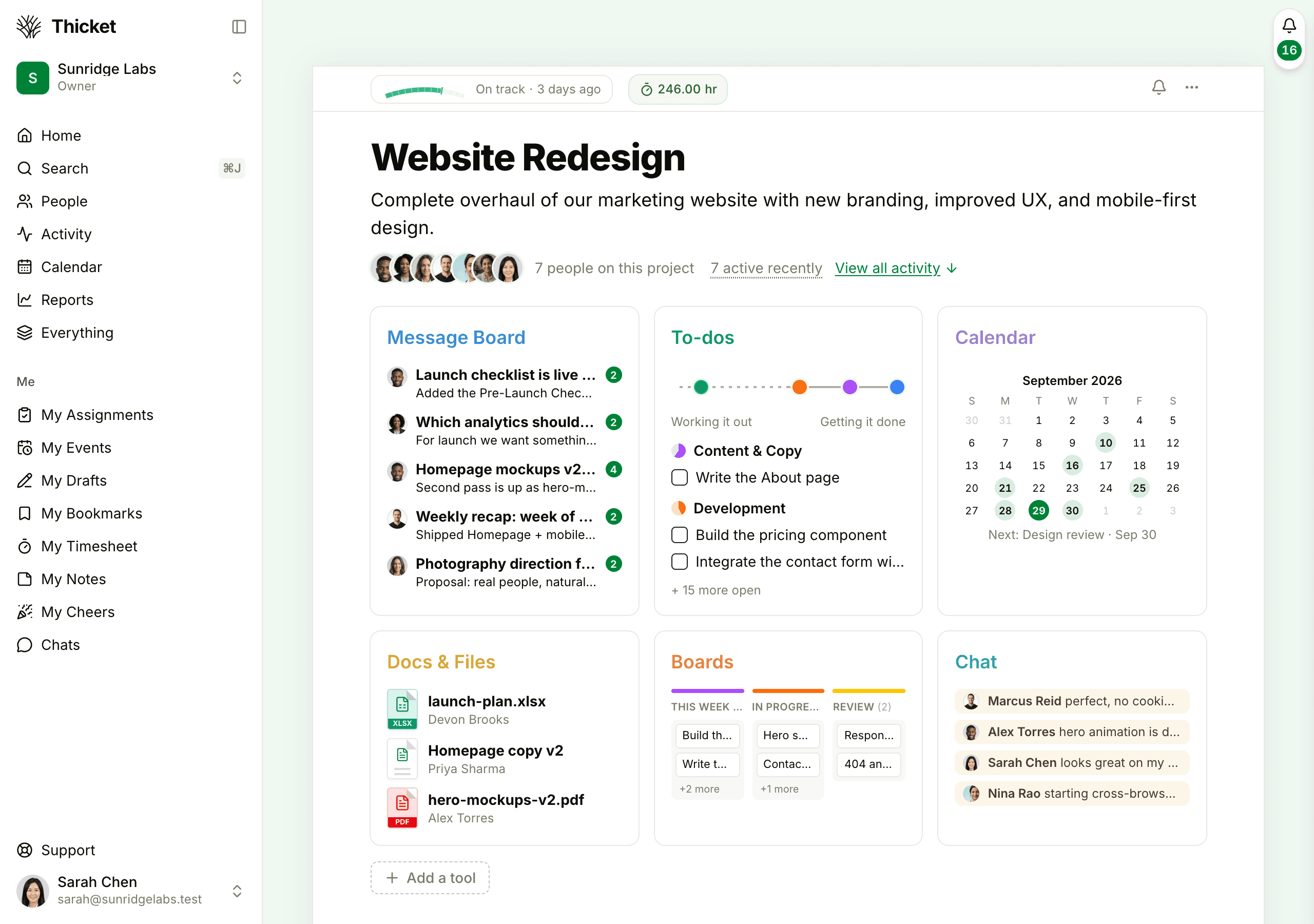 The Website Redesign project, with its Message Board, To-dos, Calendar, Docs & Files, Boards and Chat tools, and the Add a tool button below them