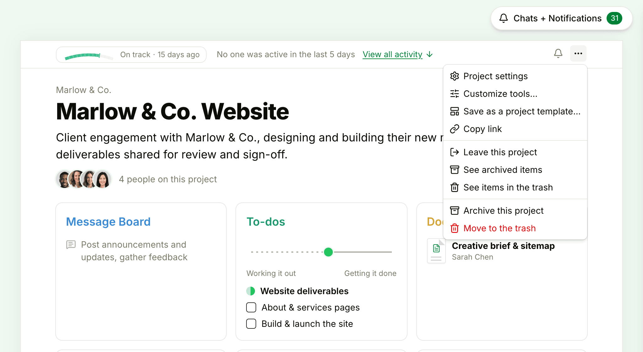 The project options menu open on Marlow & Co. Website, an invite-only project, with Leave this project above See archived items and See items in the trash