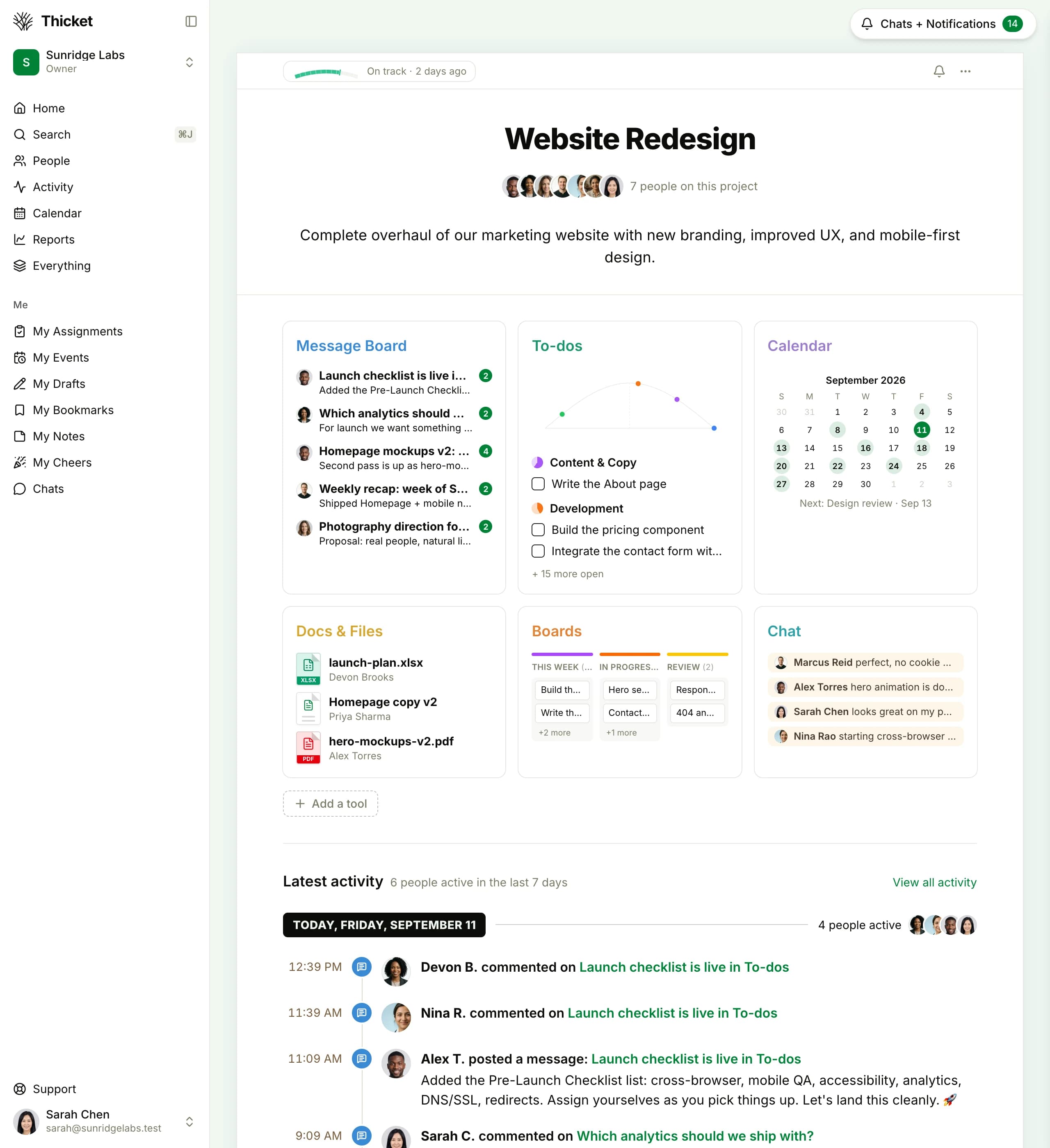 Thicket project overview: message board, to-dos, schedule, docs, files, and boards in one workspace
