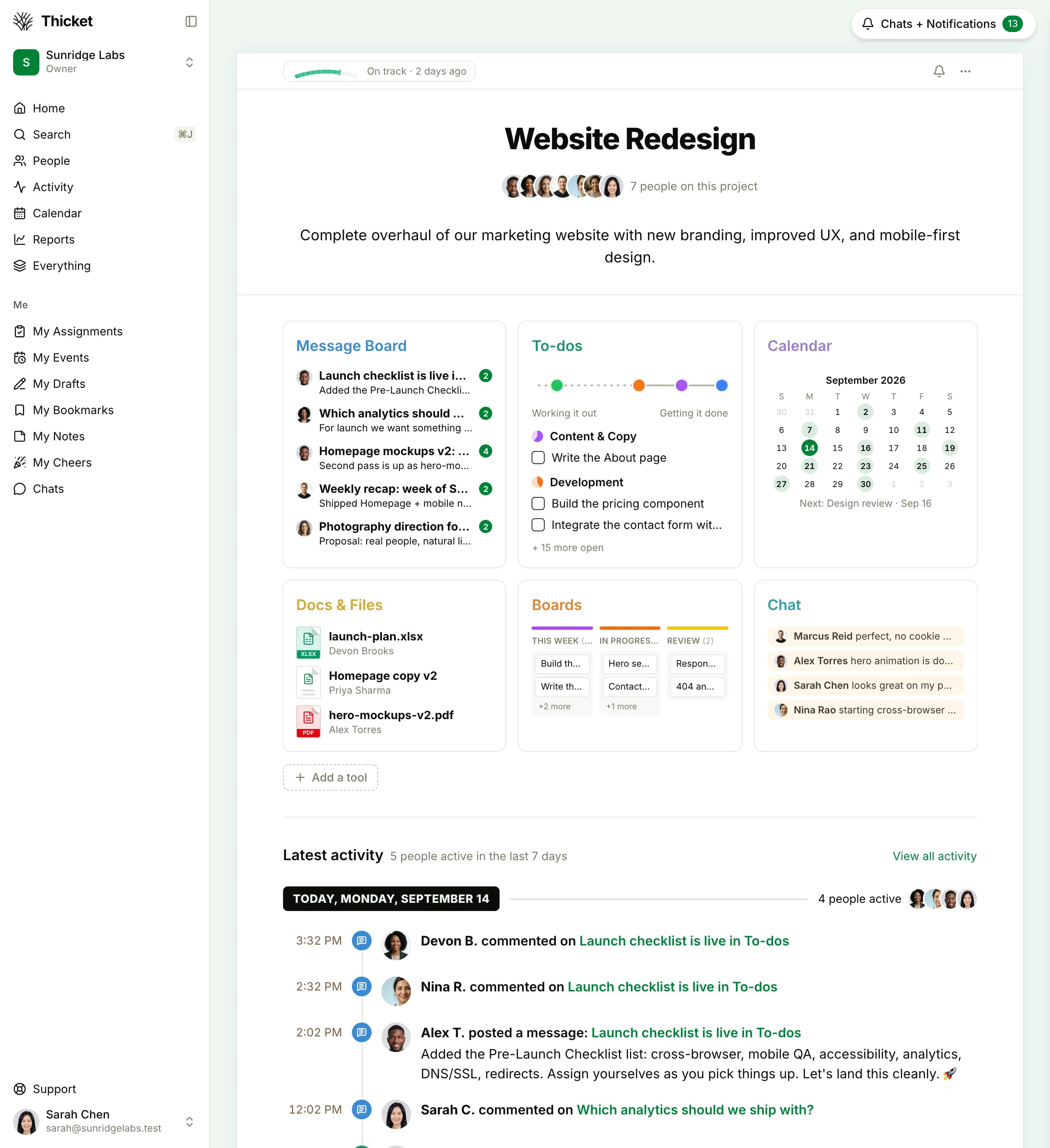 Thicket project overview: message board, to-dos, schedule, docs, files, and boards in one workspace