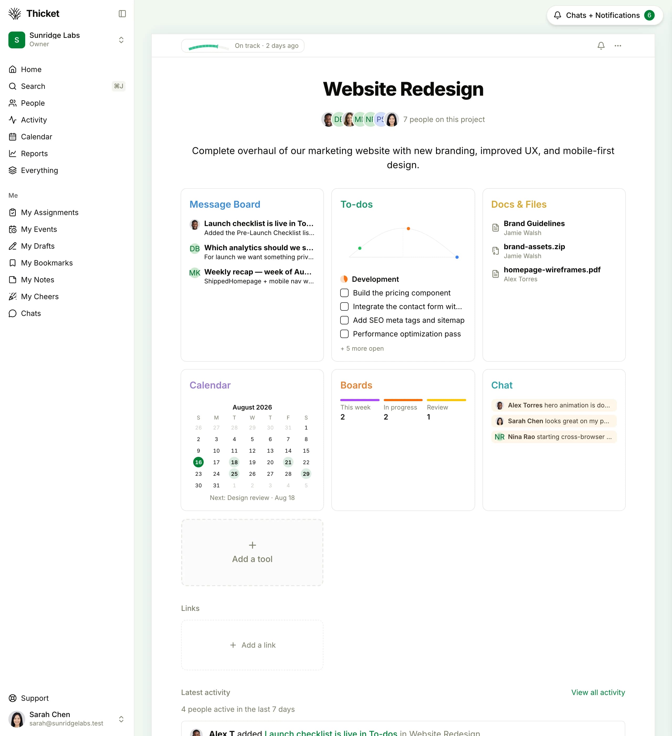 A populated Thicket project with messages, to-dos, docs and files, schedule, boards, and chat on one screen