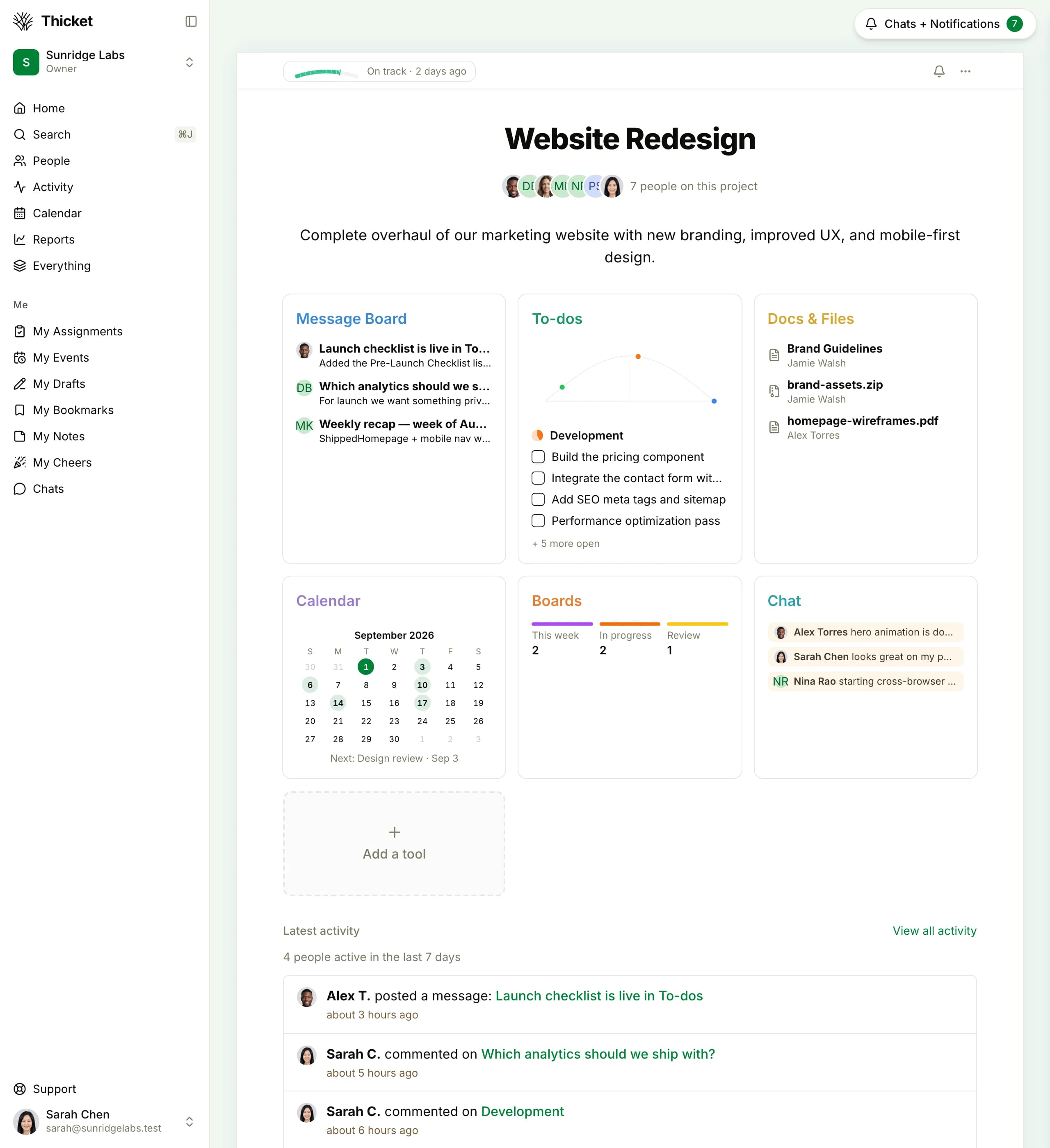 A Thicket project called Website Redesign showing its message board, to-dos with a progress chart, docs and files, calendar, boards, and chat, with an On track health badge at the top