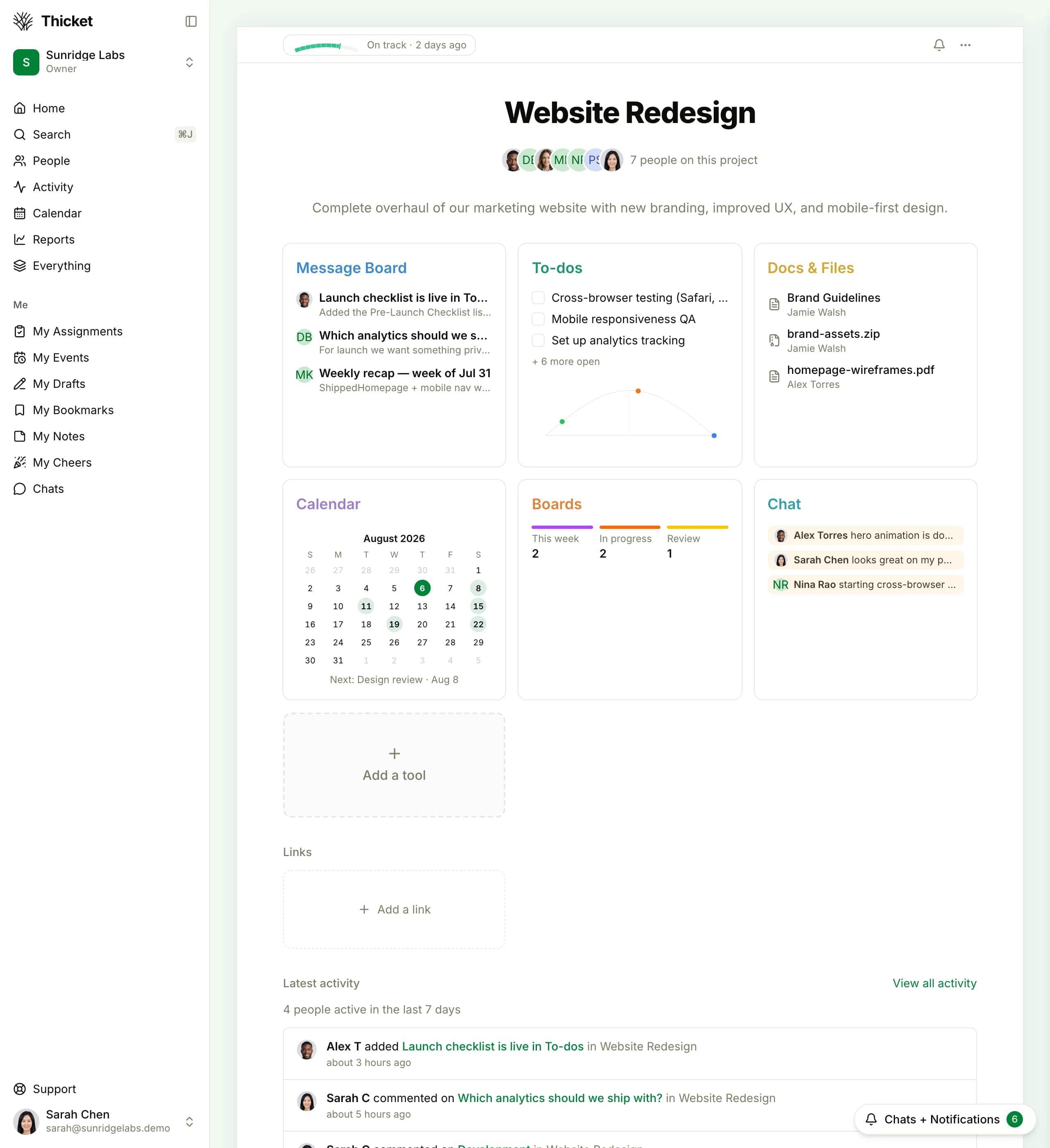 Thicket project workspace: to-dos, docs, messages, schedule, and files in one simple view