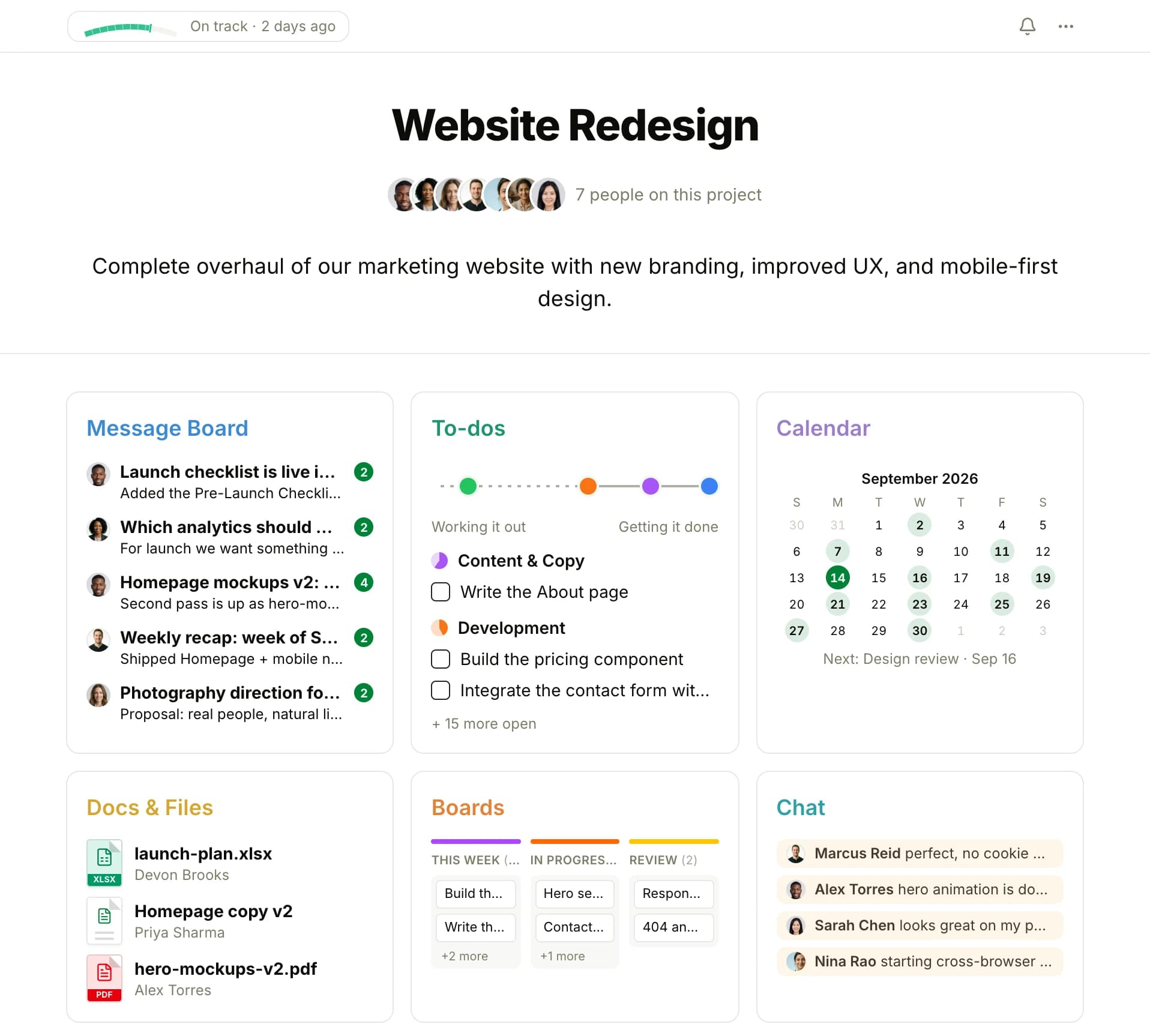 The Website Redesign demo project showing a message board, to-dos, calendar, docs and files, Boards, and chat, each window with its latest work