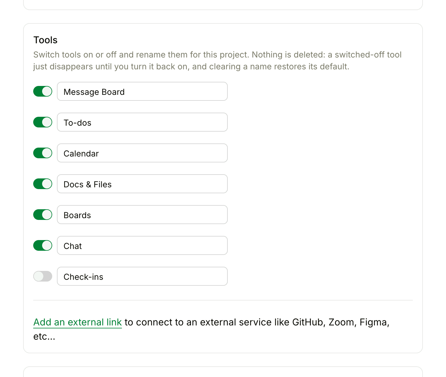 The Tools section of Project settings, with an on/off switch and a name box for Message Board, To-dos, Calendar, Docs & Files, Boards, Chat, and Check-ins.
