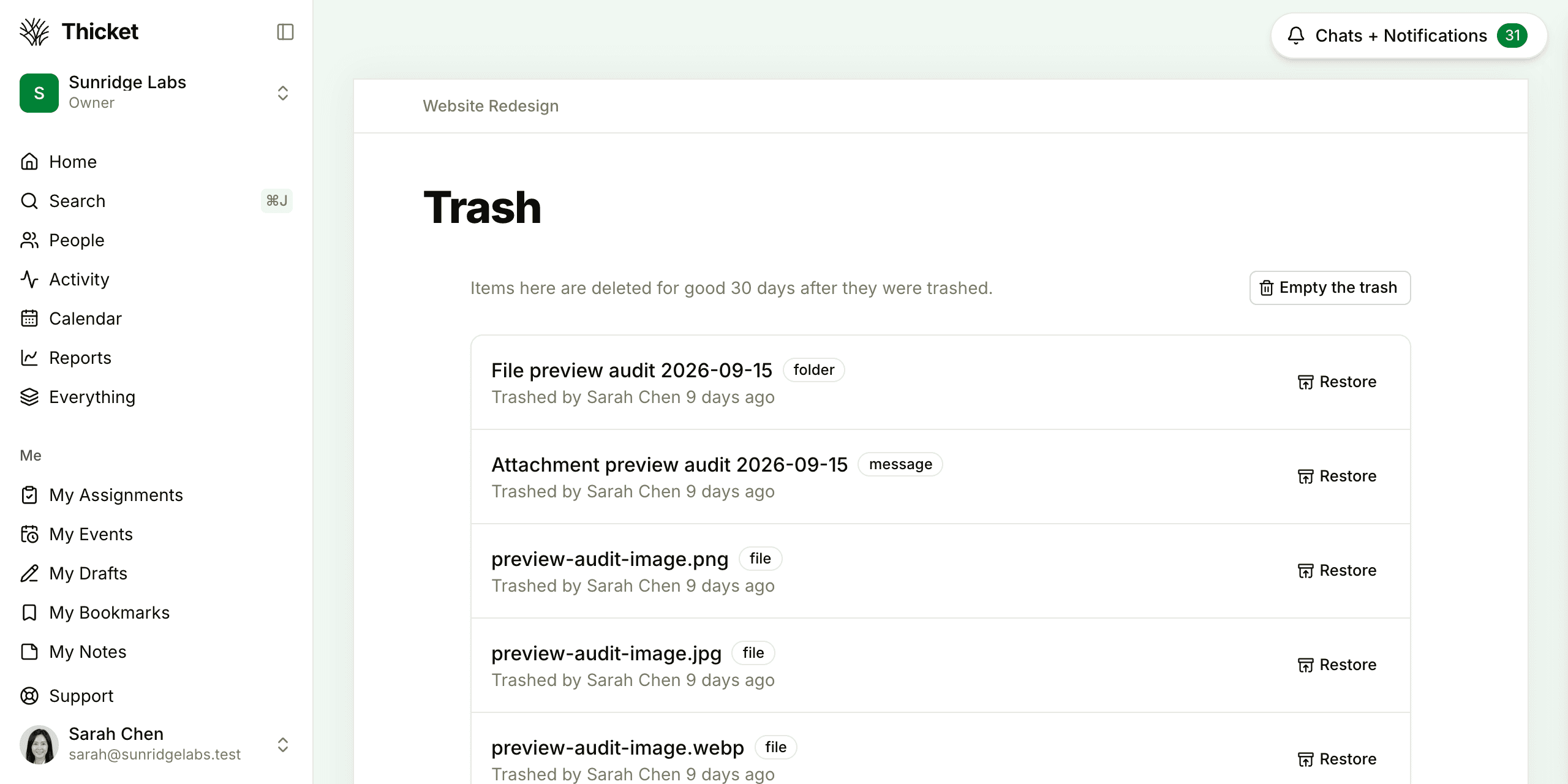 A project's Trash page, with each item labeled with what kind of item it is, a Restore button next to each one, and an Empty the trash button