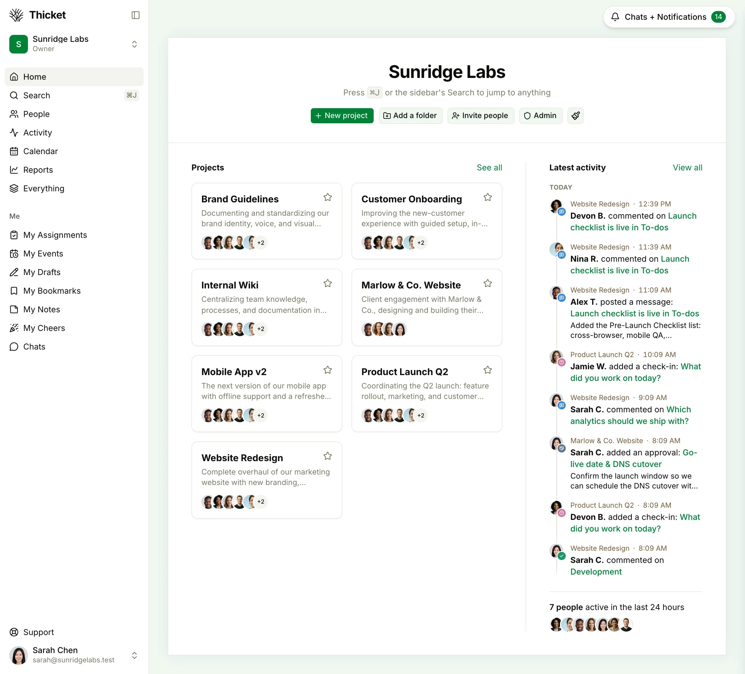 Thicket's projects screen showing a small business's projects side by side, each as a card with its name, description, and team