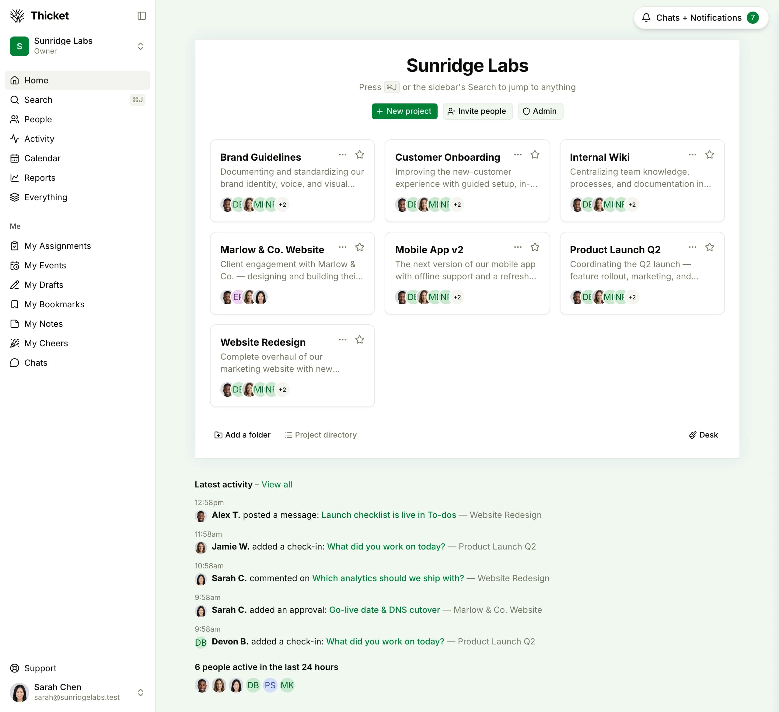 A Thicket workspace home showing seven project cards, including a Marlow & Co. Website client engagement with its own members, and the latest activity feed below
