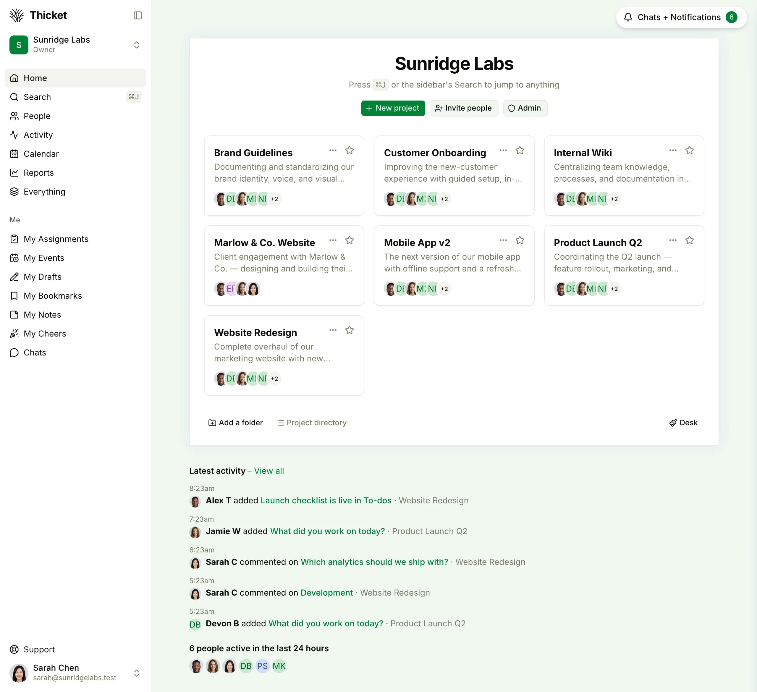 Thicket projects view showing project cards with members, status, and activity