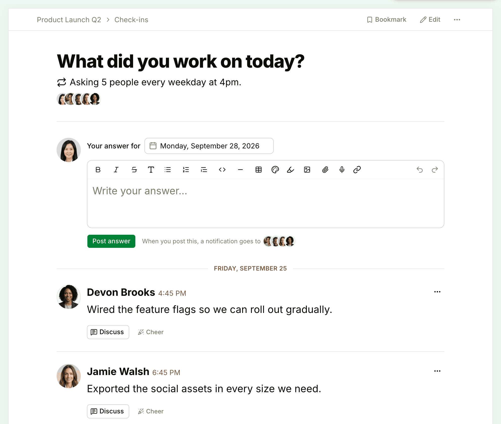 A check-in question page with its schedule, the answer box with its formatting toolbar, and answers grouped under each day