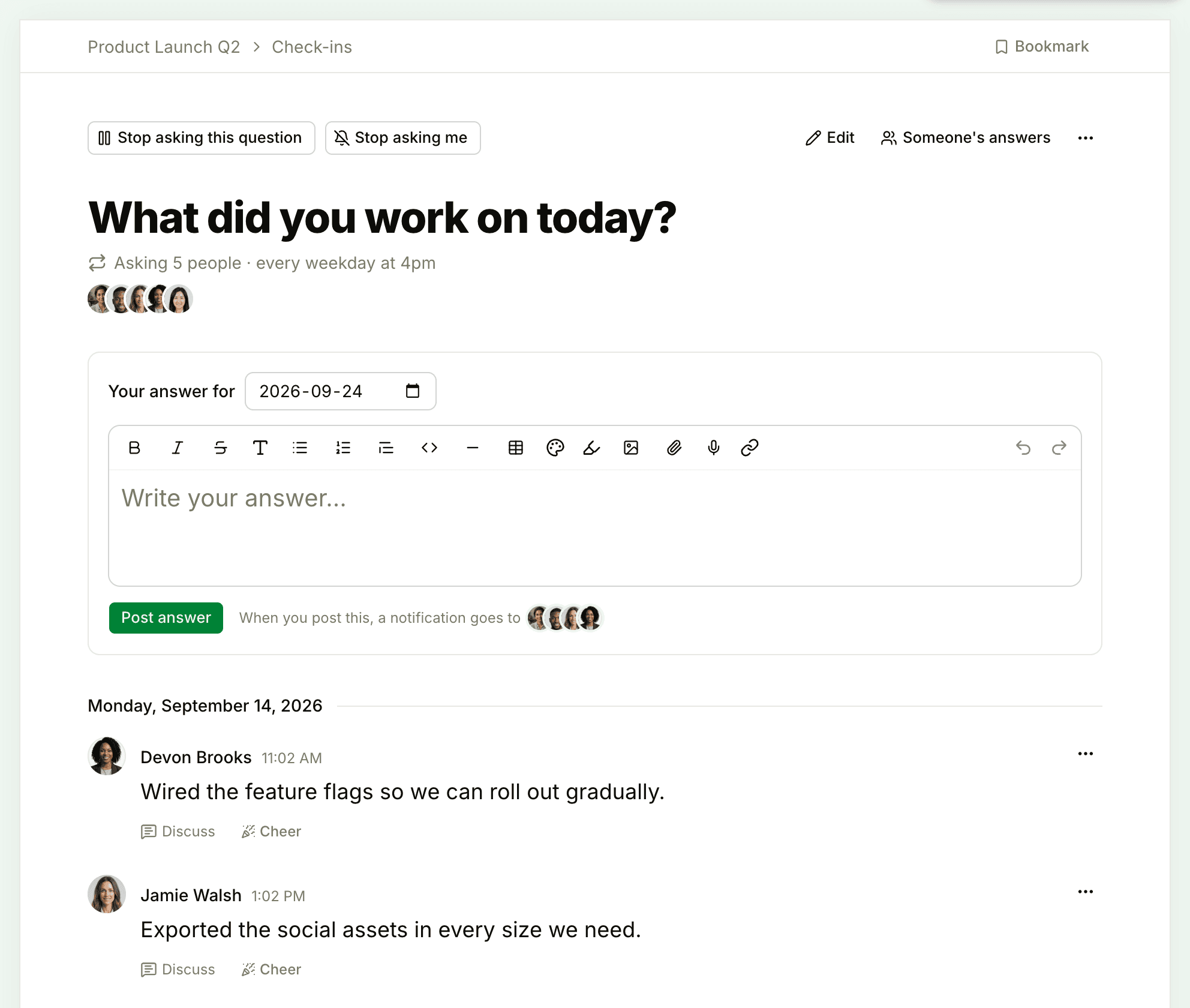 A check-in question page with the Stop asking buttons, the schedule, the answer box with its formatting toolbar, and answers grouped by day
