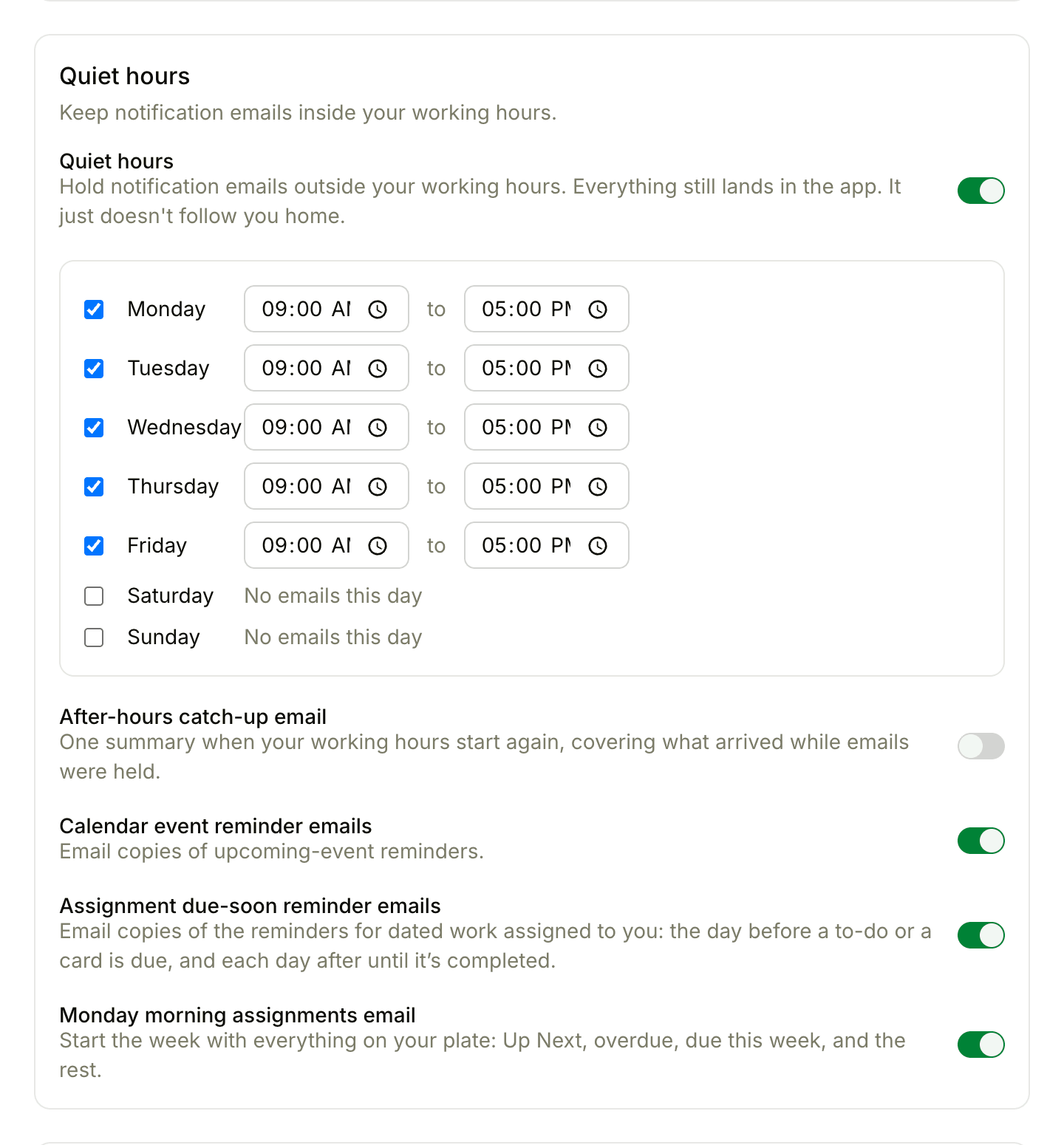 The Quiet hours section of My settings, with working hours set for each weekday, then the After-hours catch-up email switch and the reminder email switches below