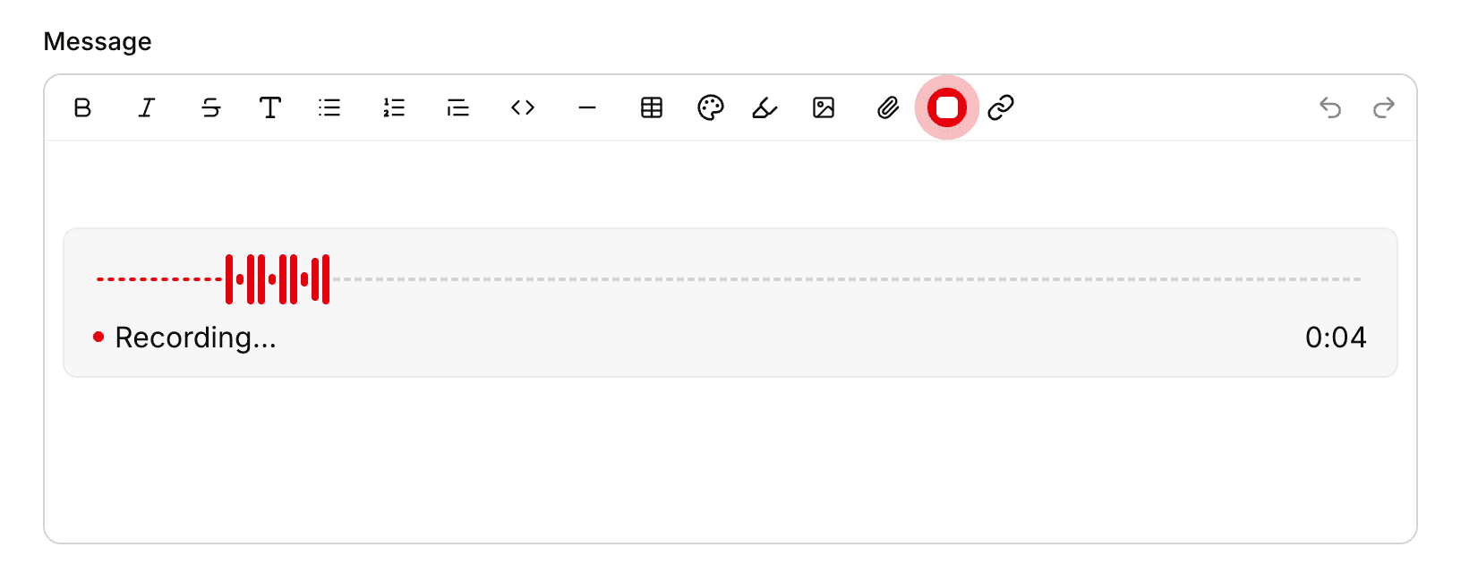 A voice note recording in the New message form: the red stop button in the toolbar and a waveform with Recording… and the timer in the writing box