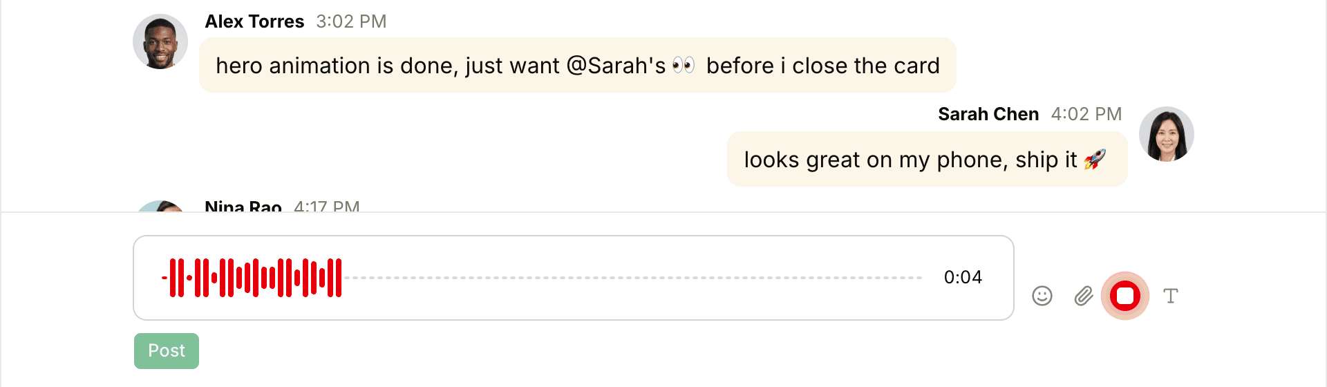 A voice note recording in a project chat: the waveform and timer fill the message box, the red stop button is beside it, and the Post button is below