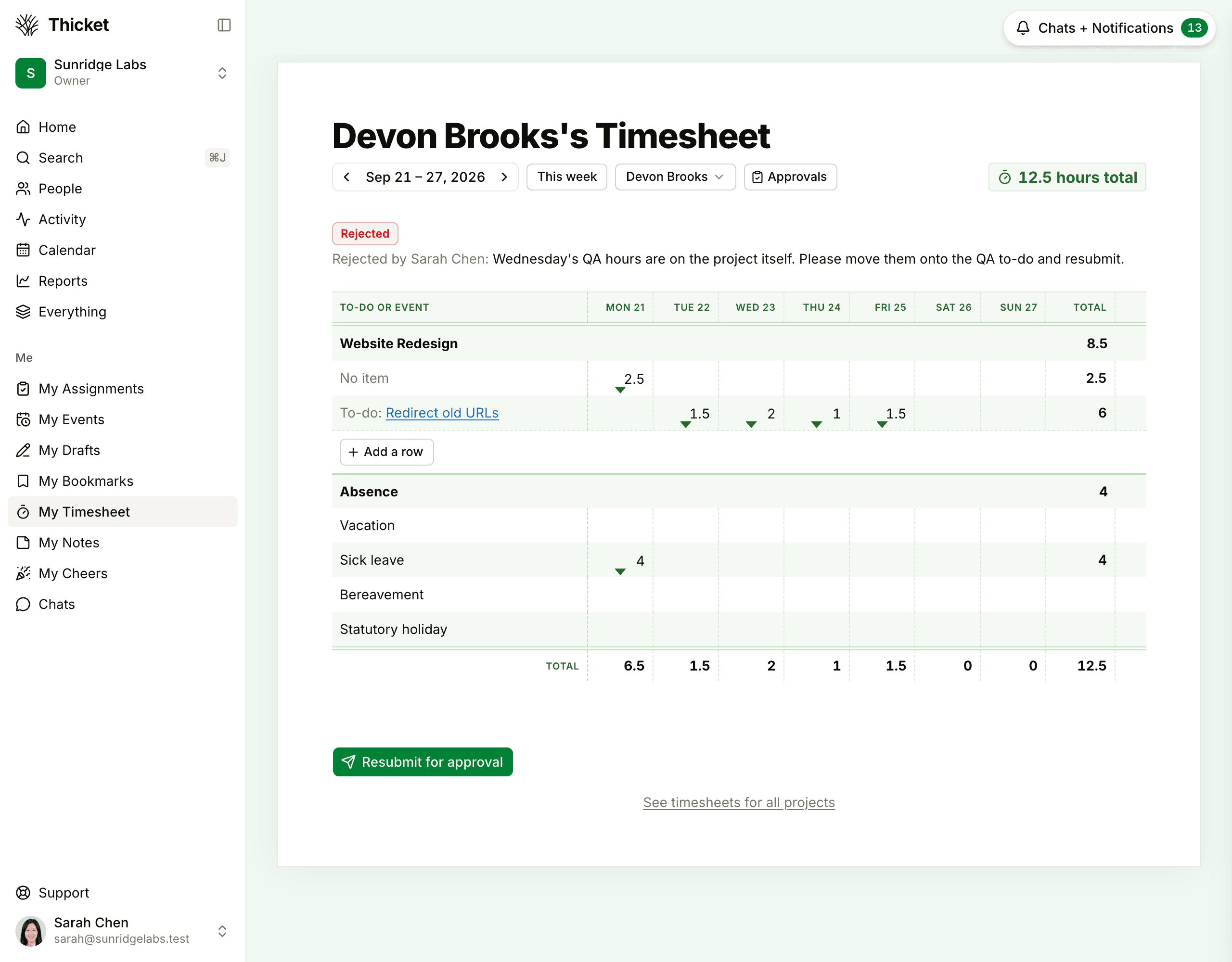 A rejected week on someone's timesheet: the Rejected status with who rejected it and their reason above the grid, and the Resubmit for approval button below it