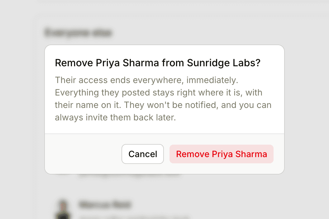 The confirmation for removing Priya Sharma from Sunridge Labs, explaining that her access ends and her posts stay