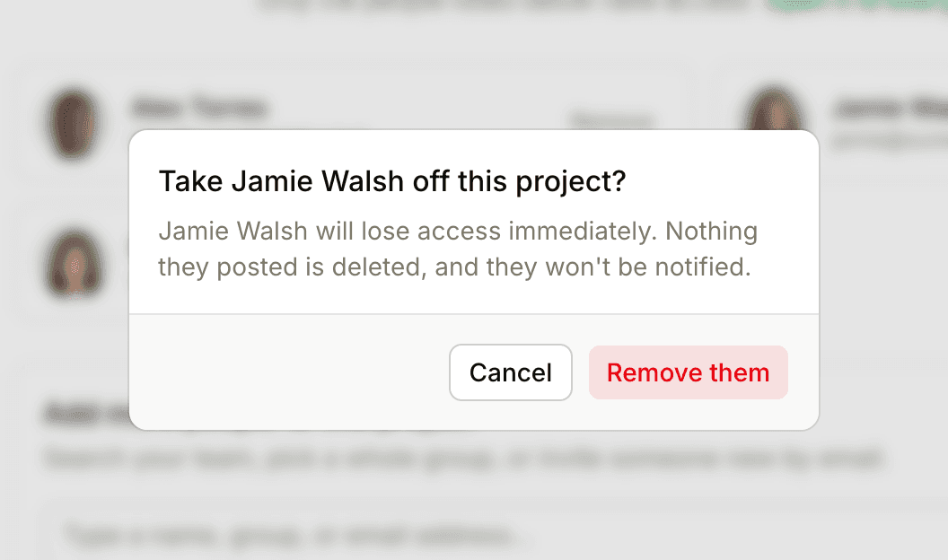 The confirmation asking whether to take Jamie Walsh off the Marlow & Co. Website project, with the Cancel and Remove them buttons