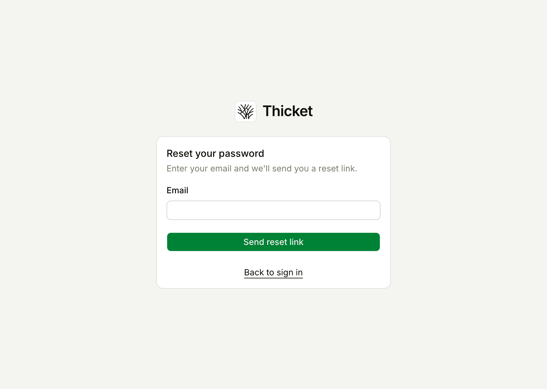 The Reset your password page, with an Email field, the Send reset link button, and a Back to sign in link