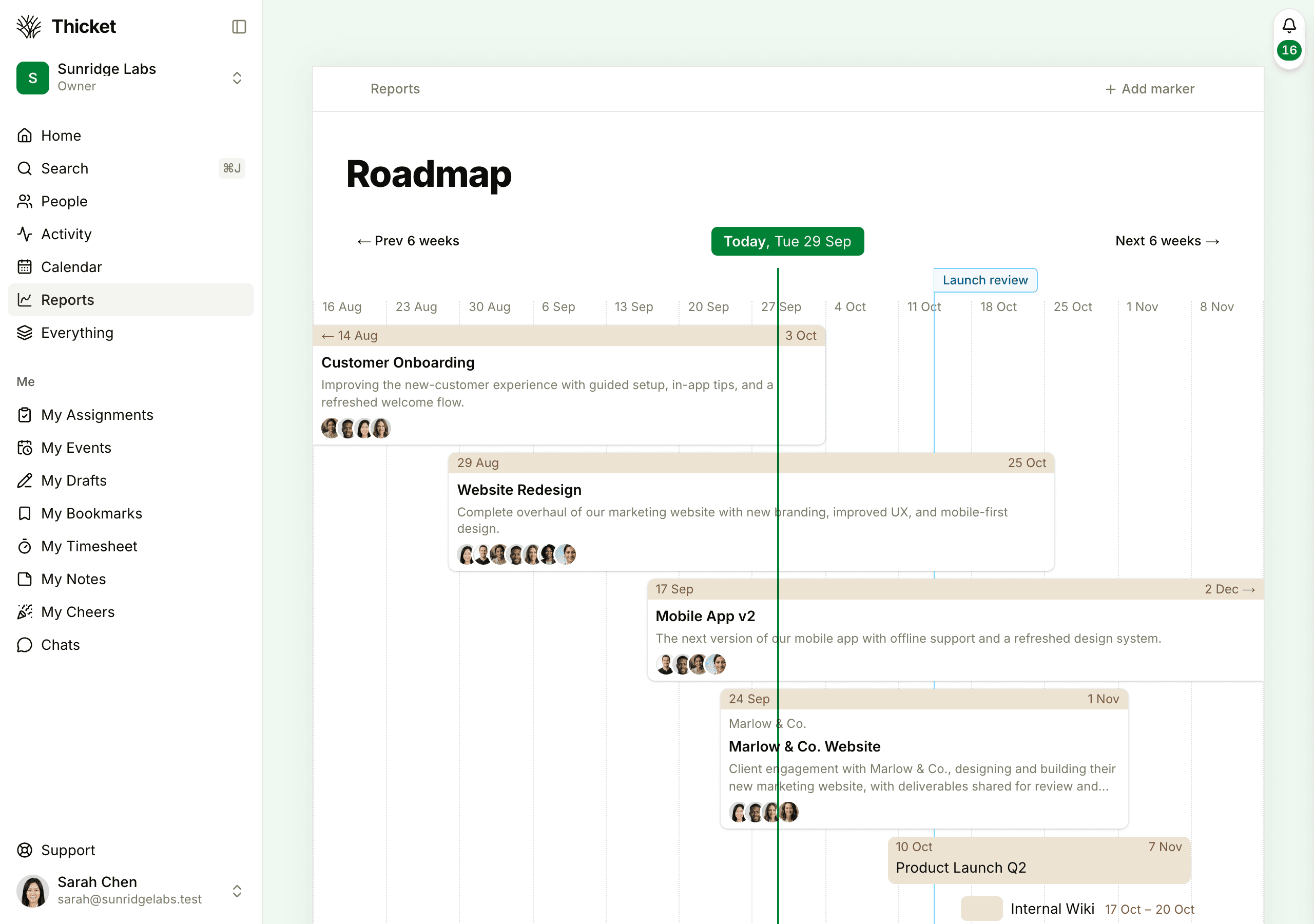The Roadmap: projects in progress as raised bars with their people, an upcoming project as a flat bar, a short project with its name beside it, a green line for today and a Launch review marker