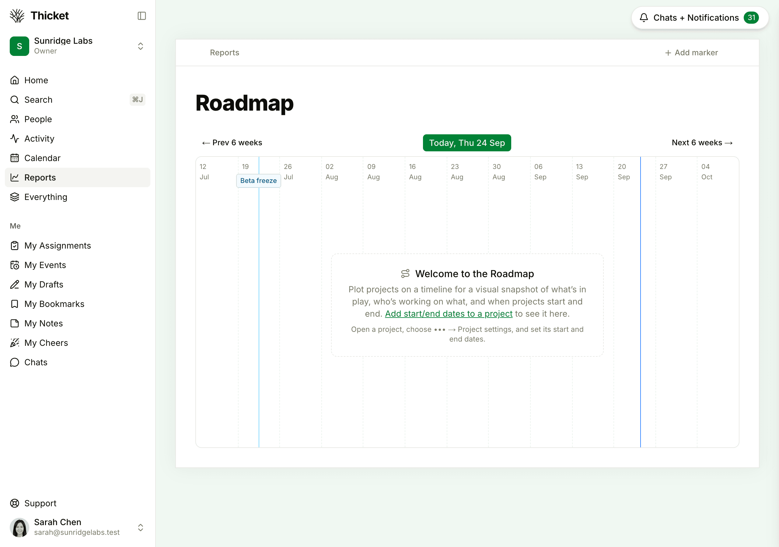 The Roadmap, a 13-week timeline with a blue line for today, a Beta freeze marker, and the Welcome to the Roadmap message it shows until a project has dates