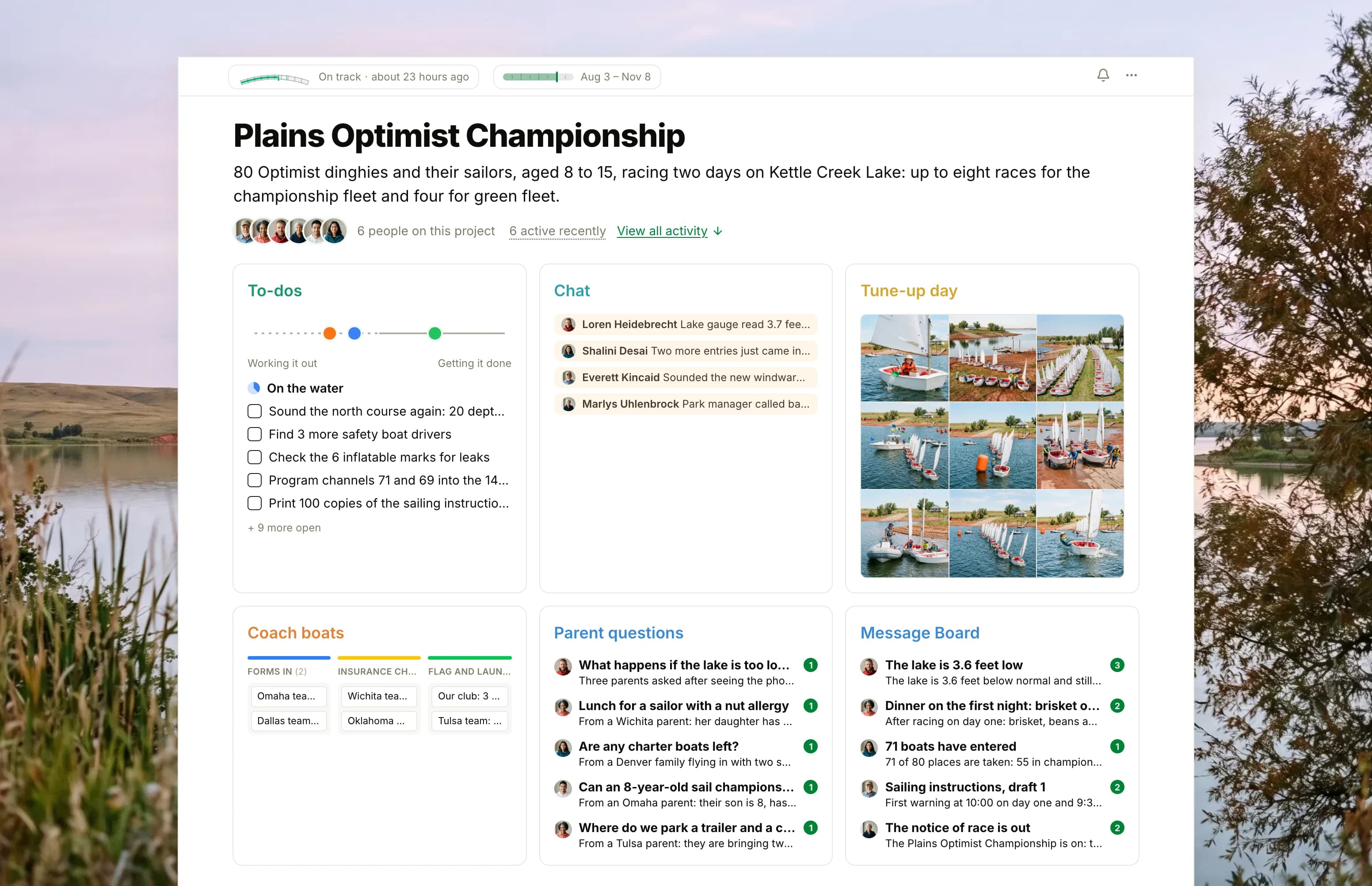 The Plains Optimist Championship project in Thicket over a photograph of a prairie lake at sunrise: the health flag reading On track, the regatta dates and six people, then six cards: To-dos with three lists on the progress chart, Chat with the wind and the lake level reported from the water, Tune-up day as nine photographs of children sailing small dinghies, the Coach boats board with cards from Forms in to Flag and launch time, Parent questions with five questions from families, and the Message Board with the low lake on top.