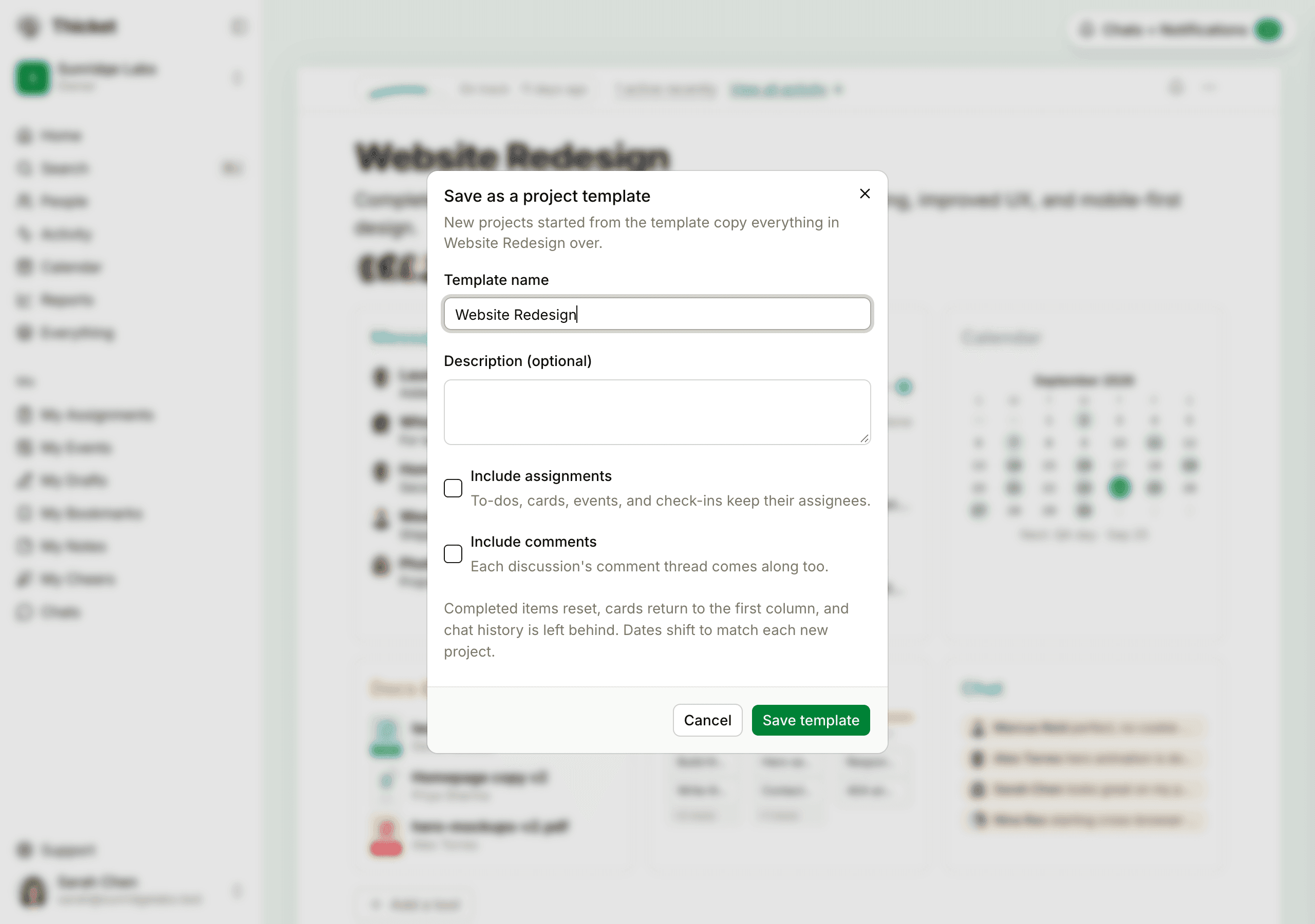 The Save as a project template dialog, with the template name and description fields and the Include assignments and Include comments checkboxes.