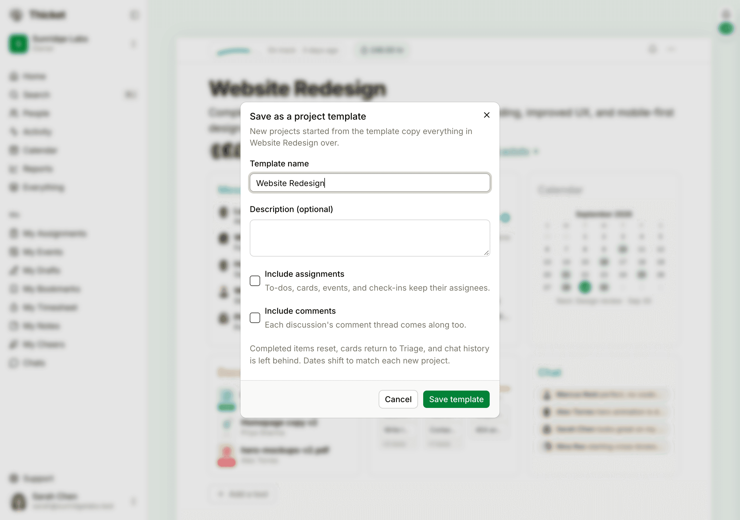 The Save as a project template dialog, with the template name and description fields and the Include assignments and Include comments checkboxes.