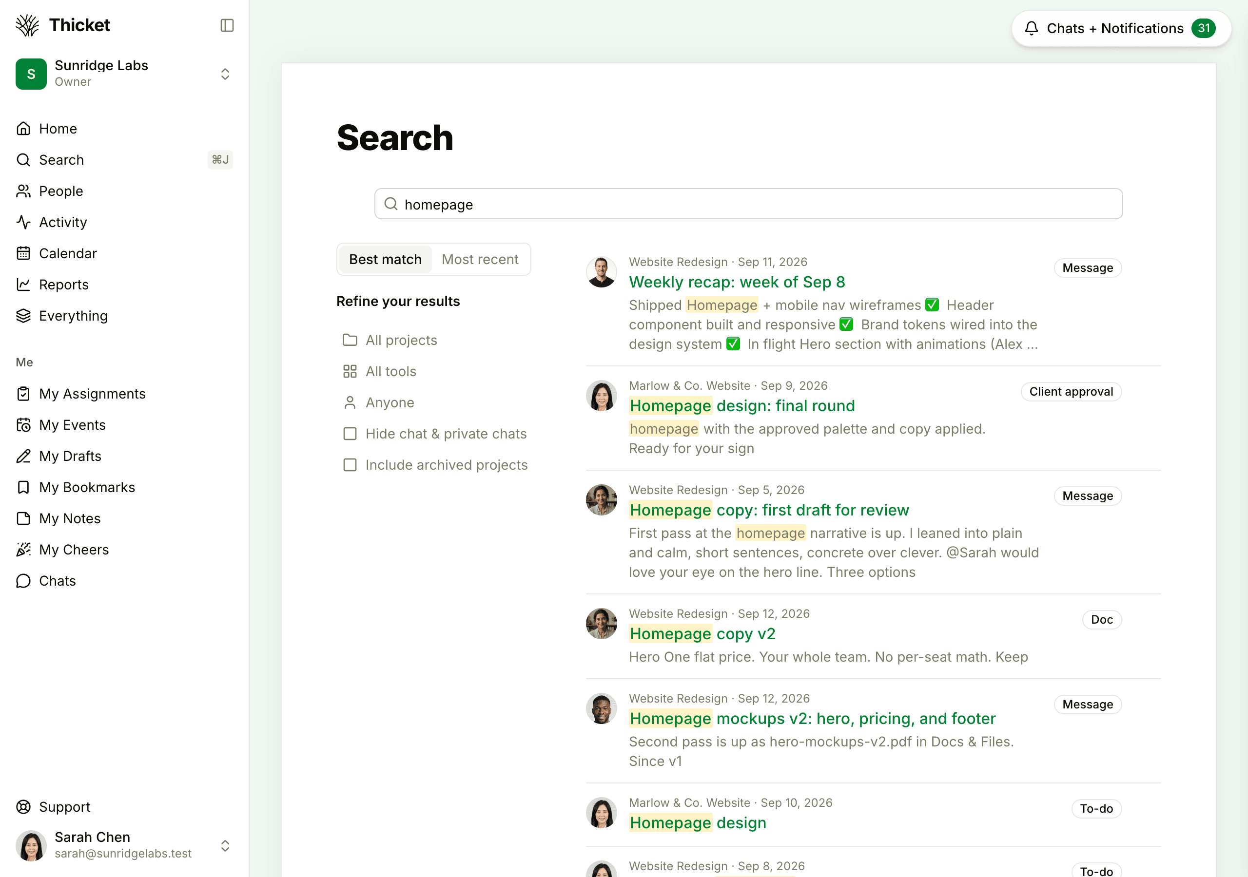 The Search page showing results for homepage, each labeled with its kind of item, with sorting and filters on the left, including Include archived projects