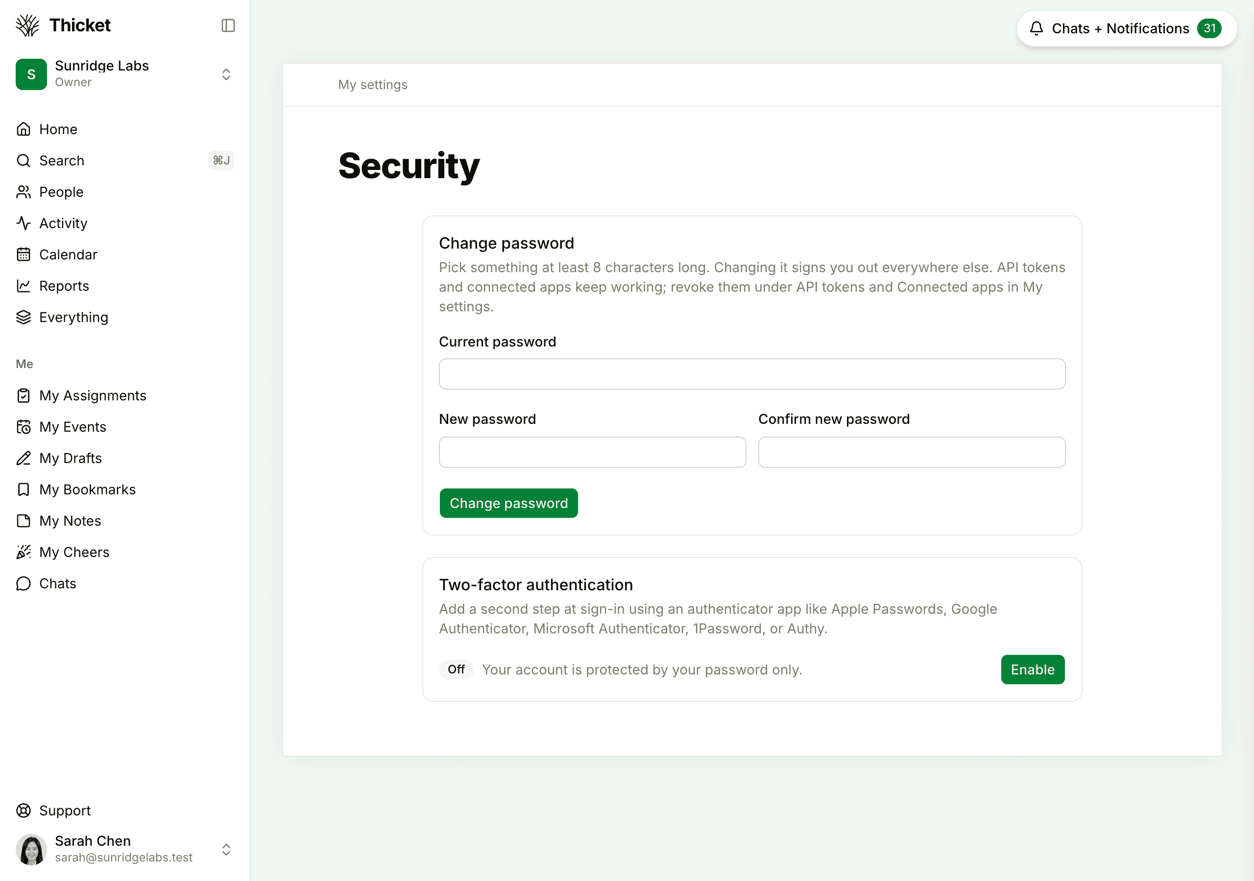 The Security page, with the Change password form, whose note says where to revoke API tokens and connected apps, above the Two-factor authentication section