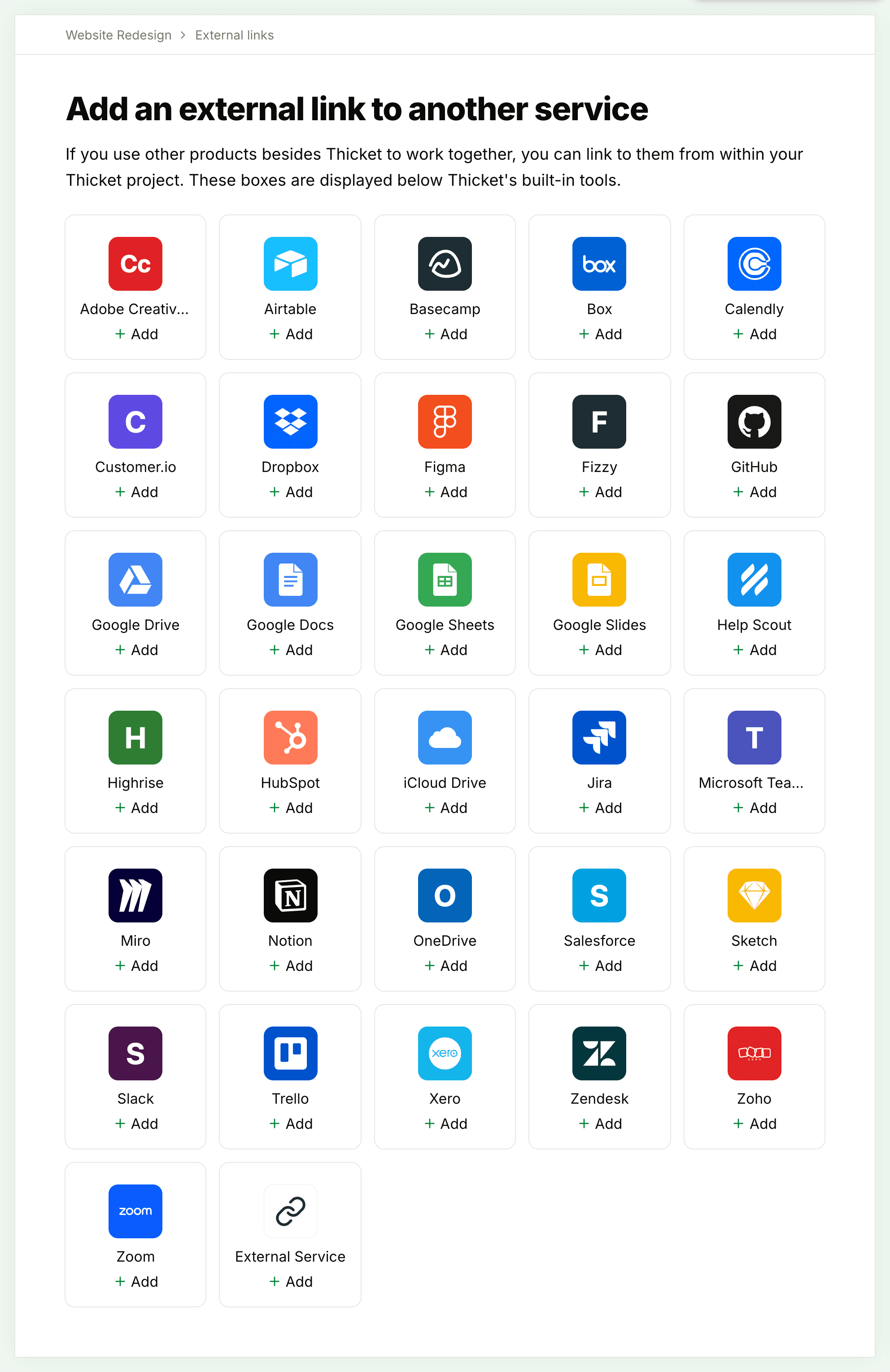 The Add an external link to another service page, a grid of service cards such as Airtable, Figma, GitHub and Zoom, each with an Add button