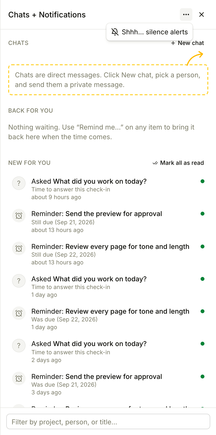 The ••• menu at the top of the Chats + Notifications sidebar, with the Shhh… silence alerts option