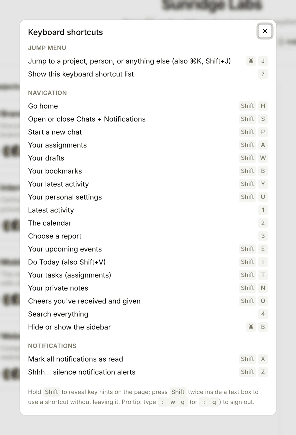 The Keyboard shortcuts list, grouped into Jump menu, Navigation, and Notifications