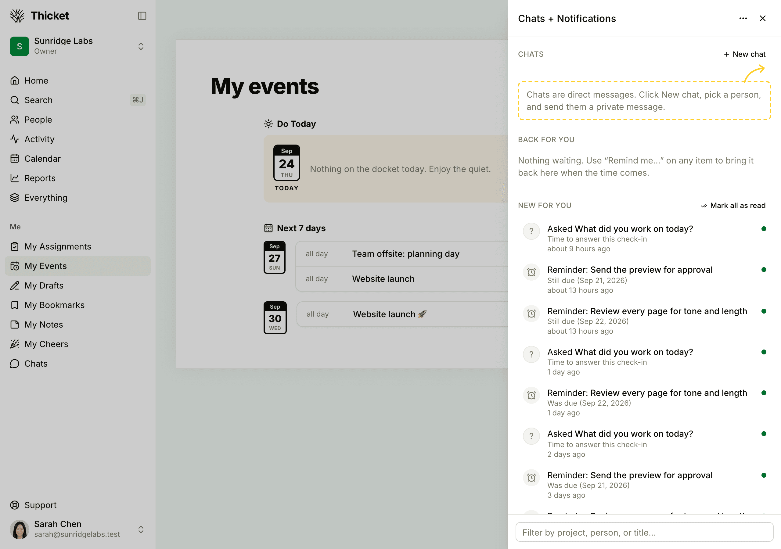 The Chats + Notifications sidebar open on the right of the screen, with the Chats, Back for you, and New for you sections and the filter box at the bottom