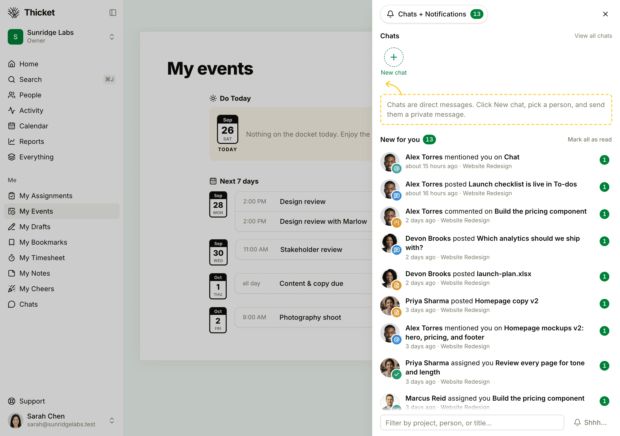 The Chats + Notifications sidebar open on the right of the screen, with the Chats row, the New for you section, and the filter box and Shhh button at the bottom