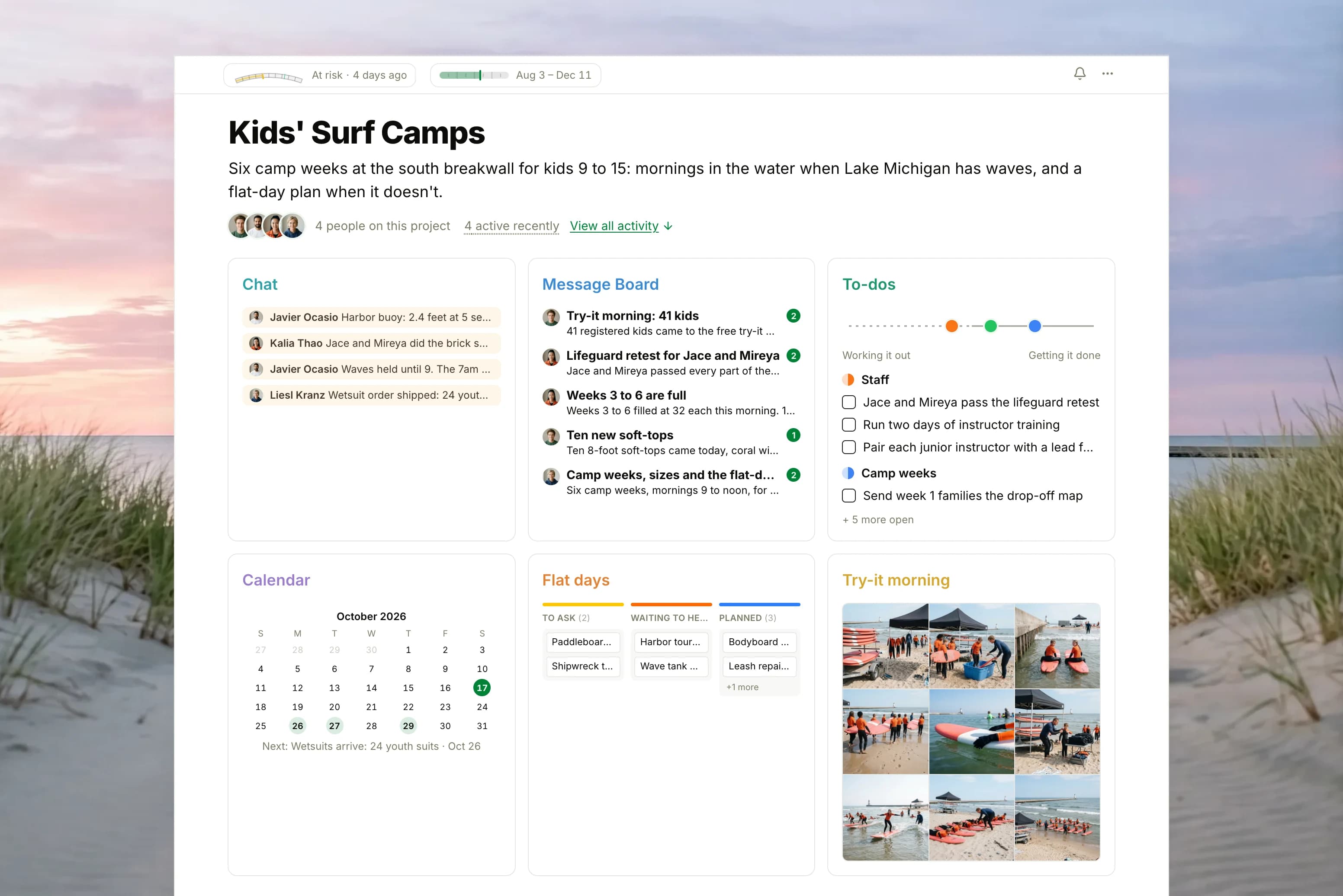 The Kids' Surf Camps project in Thicket over a photograph of a lake beach with dunes at dawn: the health flag reading At risk, the camps' dates and four people, then six cards: Chat with this morning's wave report, the retest practice times and the wetsuit order, the Message Board with the try-it morning on top, To-dos with three lists on the progress chart, the Calendar with the wetsuit delivery next, Flat days with plans in To ask, Waiting to hear and Planned, and Try-it morning as nine photographs of kids learning to surf beside a breakwall.